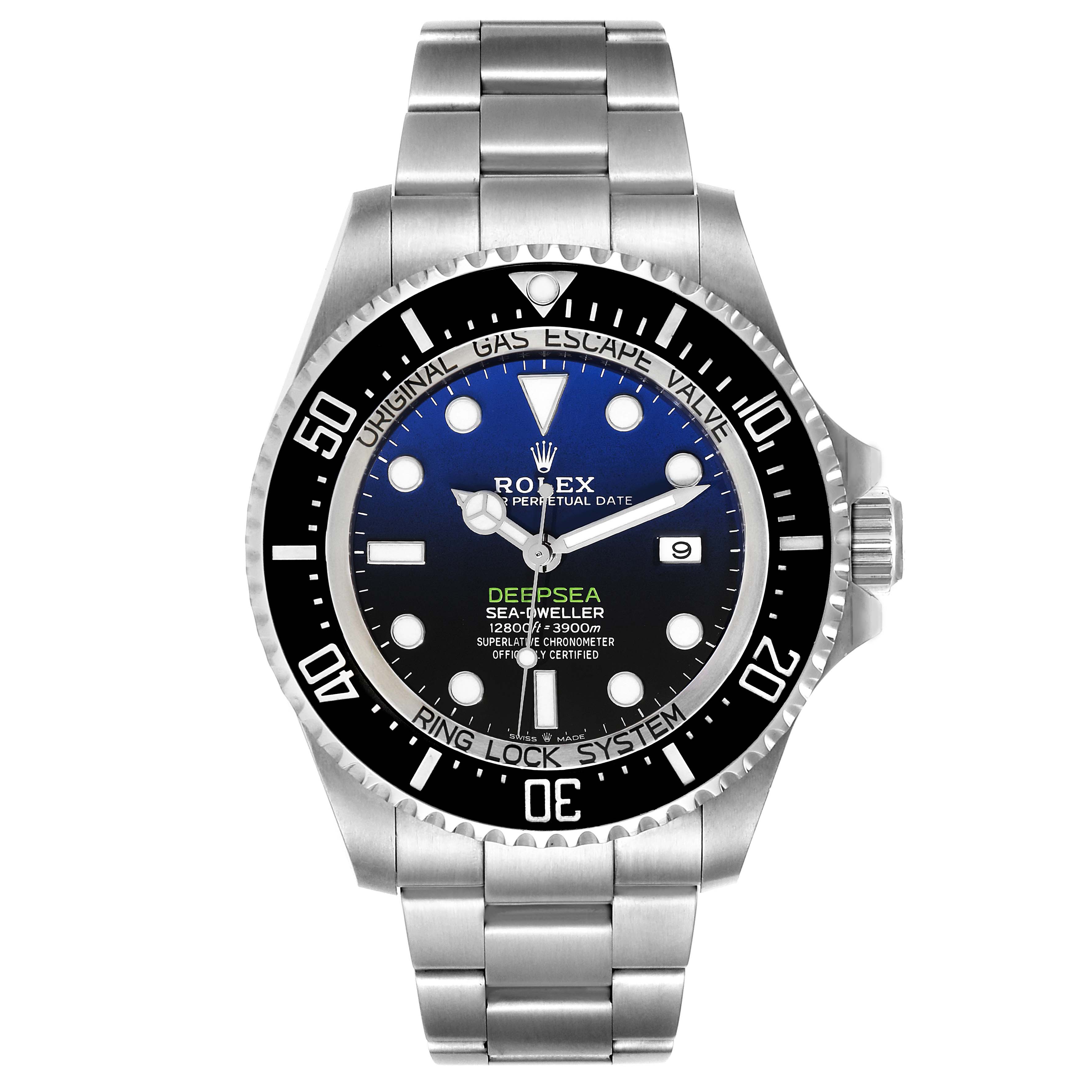 This Rolex Sea-Dweller 126660 Men's Stainless Steel Blue Dial 126660 Men's Stainless Steel Blue Dial watch is shown from the front, displaying the dial, bezel, and stainless steel bracelet.