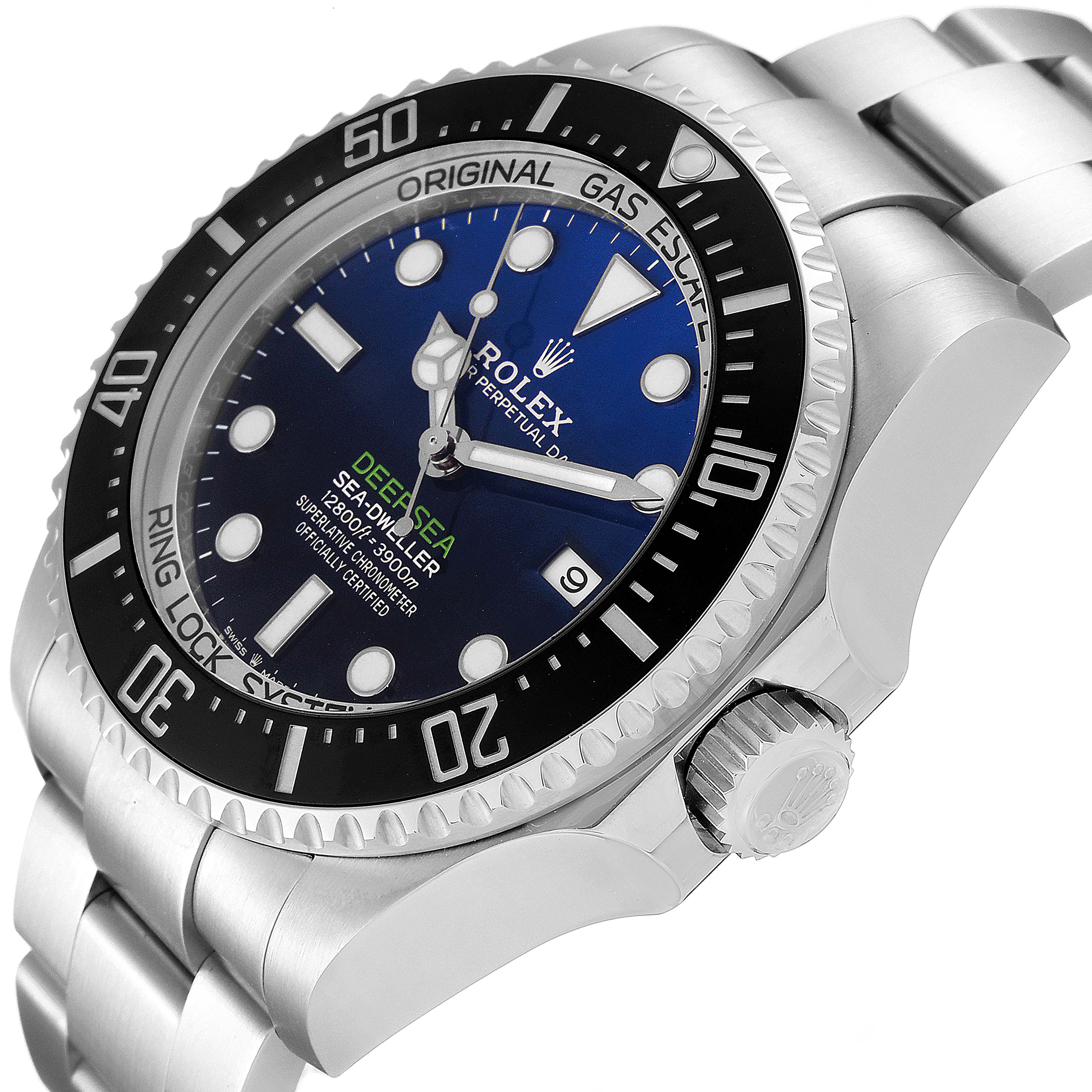 The image shows a Rolex Sea-Dweller 126660 Men's Stainless Steel Blue Dial 126660 Men's Stainless Steel Blue Dial watch at an angle highlighting the bezel, crown, and part of the band.
