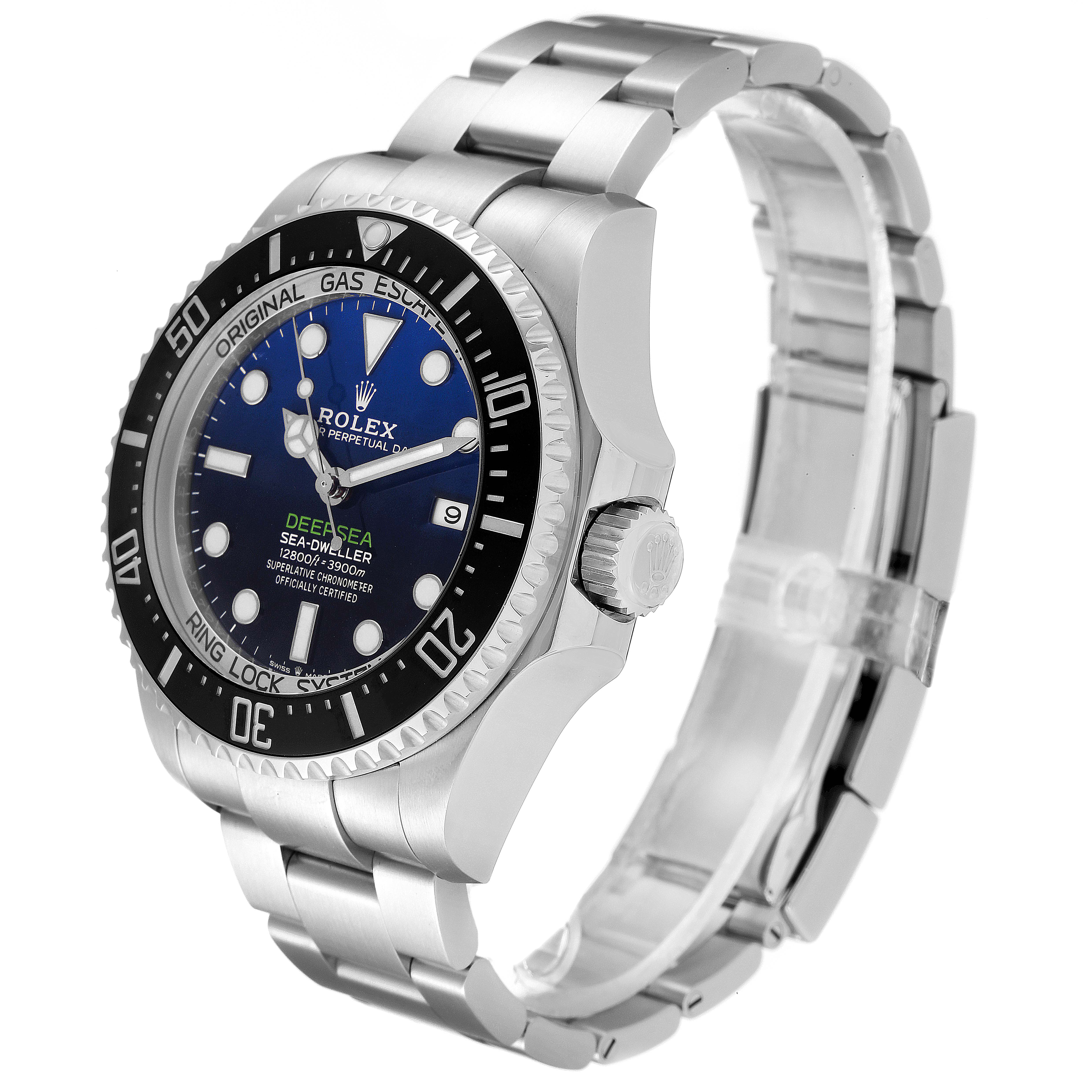 The Rolex Sea-Dweller 126660 Men's Stainless Steel Blue Dial 126660 Men's Stainless Steel Blue Dial watch is shown at a 3/4 angle highlighting the dial, bezel, crown, and stainless steel bracelet.