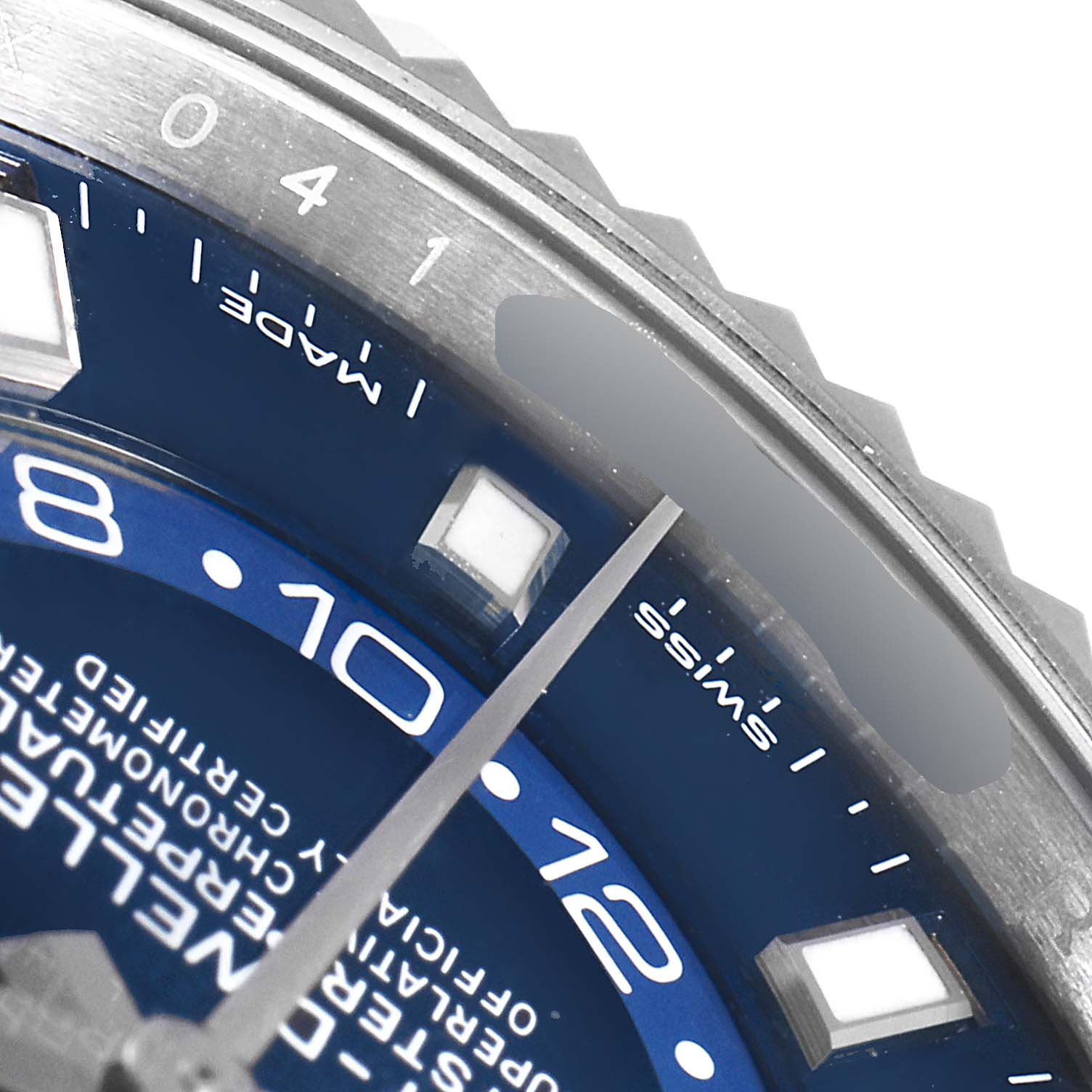 This close-up image shows the dial and bezel of a Rolex Sky-Dweller 326934 Men's Stainless Steel Blue Dial 326934 Men's Stainless Steel Blue Dial watch, highlighting parts of the chapter ring and markers.