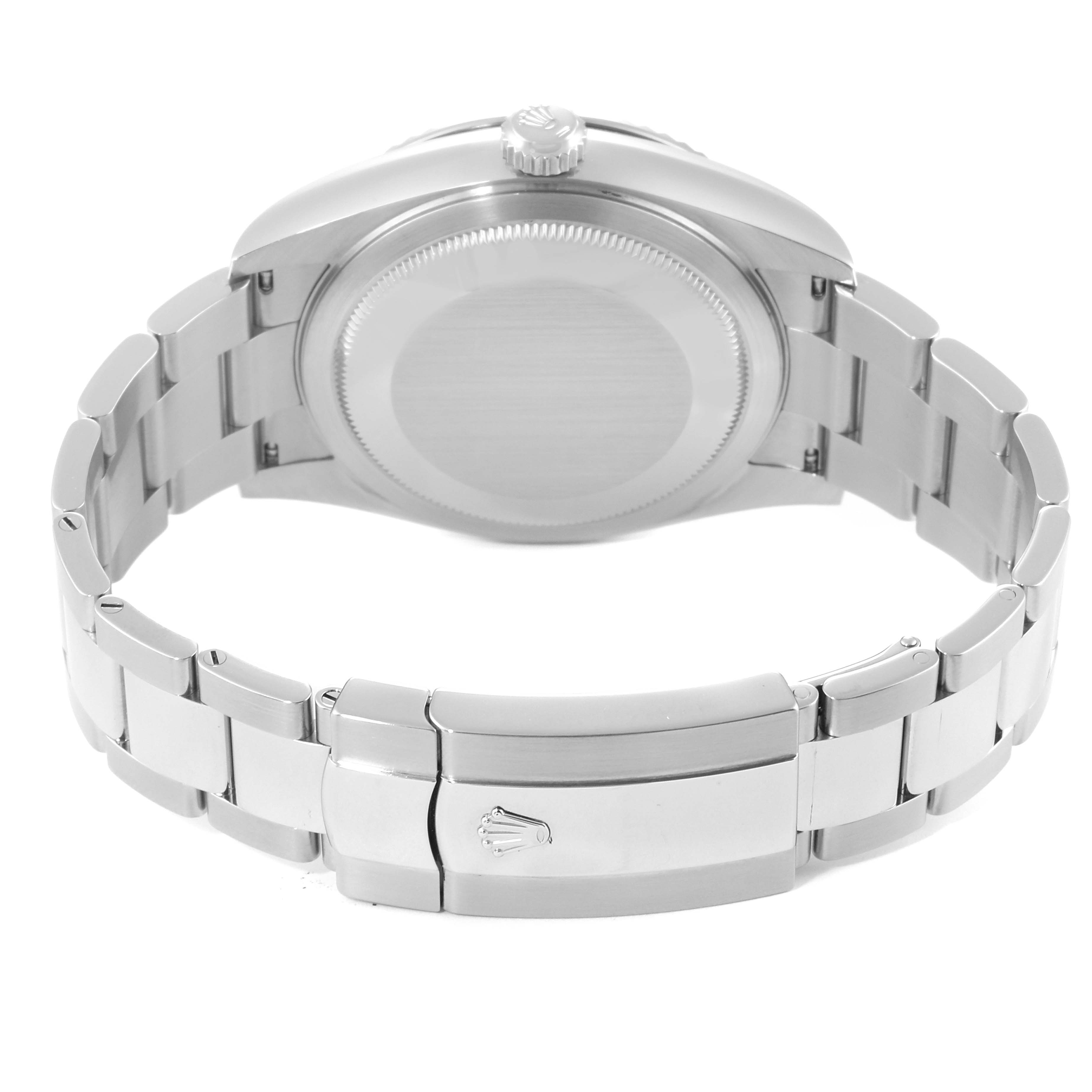 This image shows the back view of a Rolex Sky-Dweller 326934 Men's Stainless Steel Blue Dial 326934 Men's Stainless Steel Blue Dial watch, highlighting its case back and stainless steel bracelet with a clasp.