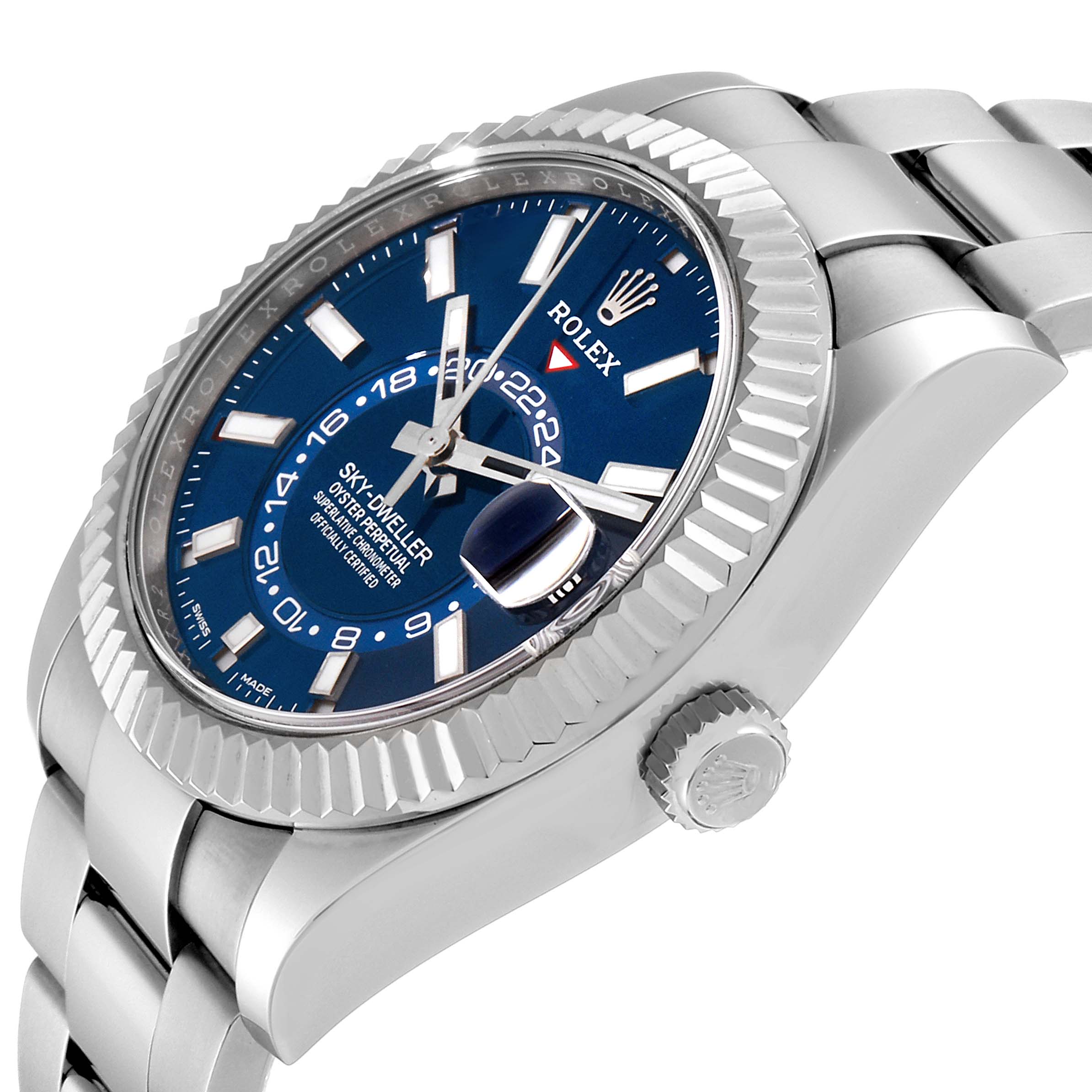 The image shows a side angle view of the Rolex Sky-Dweller 326934 Men's Stainless Steel Blue Dial 326934 Men's Stainless Steel Blue Dial watch, highlighting the dial, bezel, crown, and partially the bracelet.