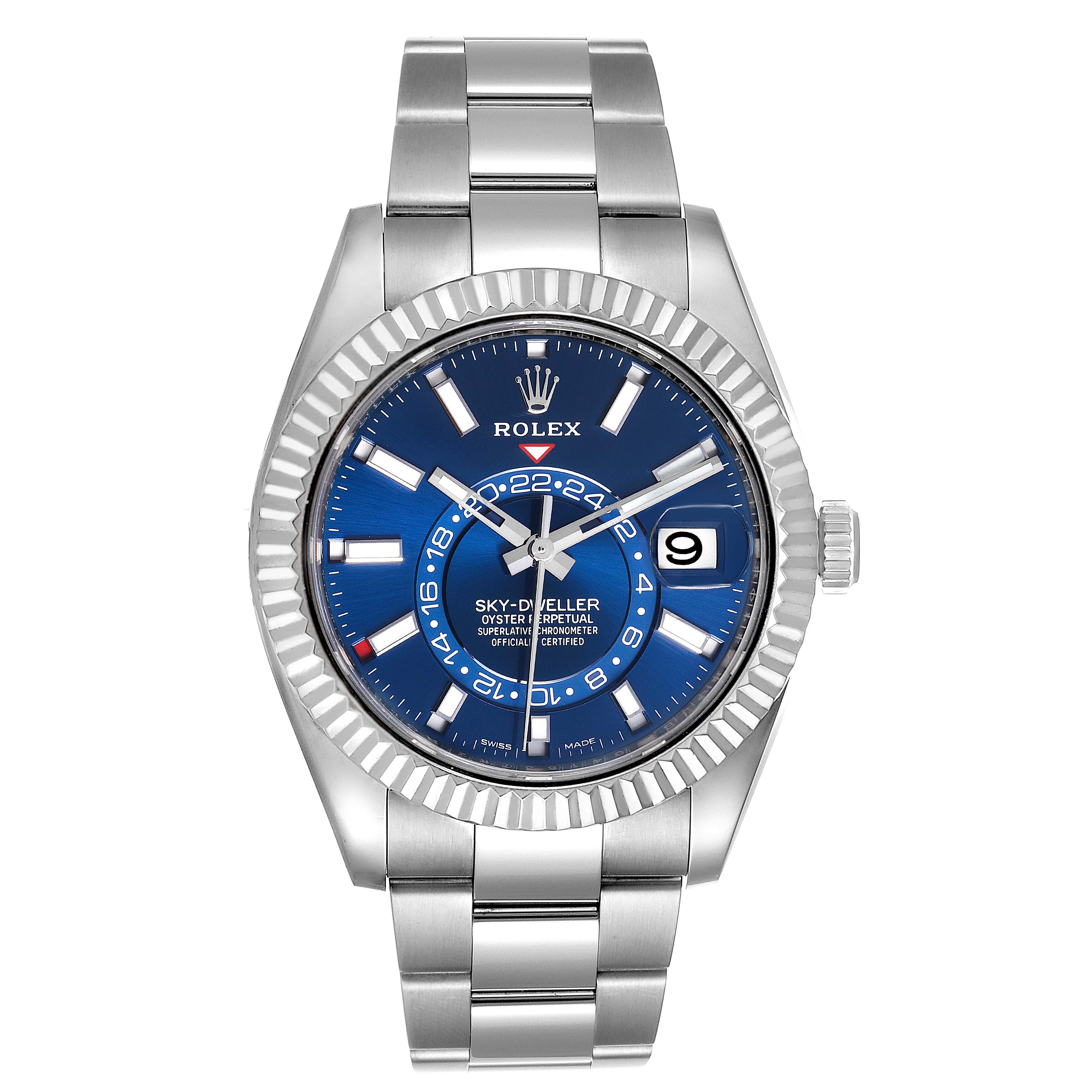 The image shows a front view of a Rolex Sky-Dweller 326934 Men's Stainless Steel Blue Dial 326934 Men's Stainless Steel Blue Dial watch with a blue dial and stainless steel bracelet.