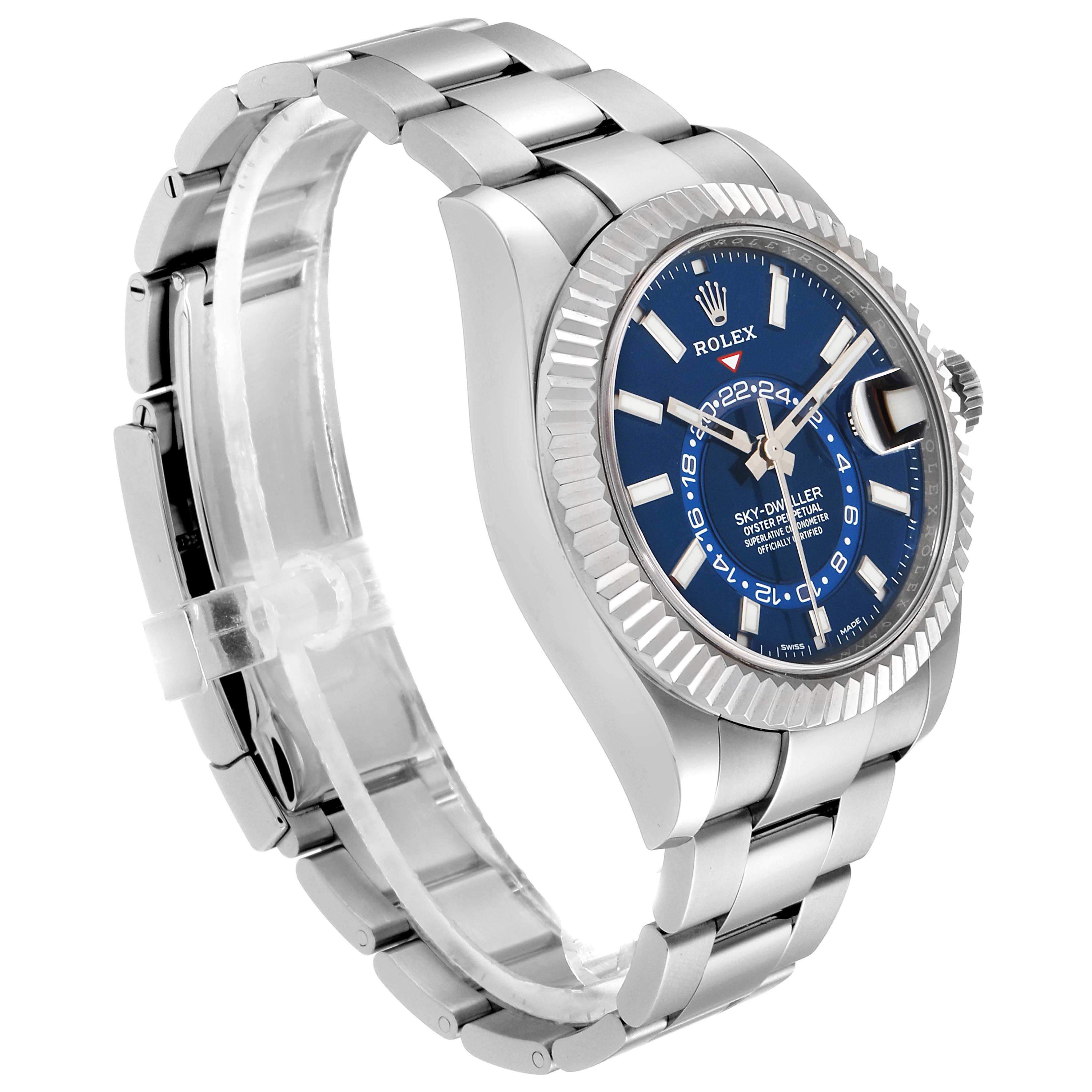 This image shows a side angle of a Rolex Sky-Dweller 326934 Men's Stainless Steel Blue Dial 326934 Men's Stainless Steel Blue Dial watch highlighting its blue dial, bezel, and stainless steel bracelet.