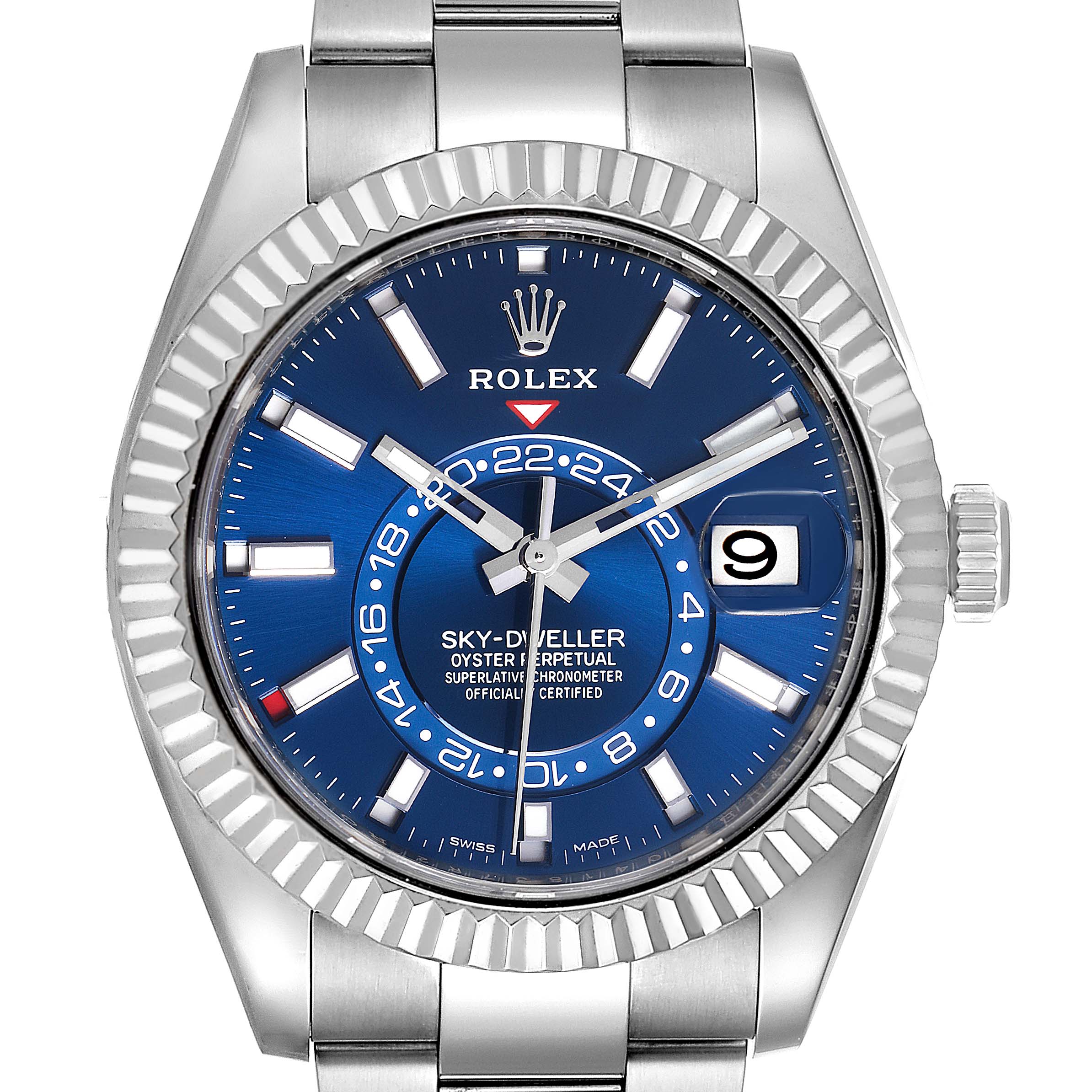 The image shows a front view of a Rolex Sky-Dweller 326934 Men's Stainless Steel Blue Dial 326934 Men's Stainless Steel Blue Dial watch with a blue dial and silver bracelet.