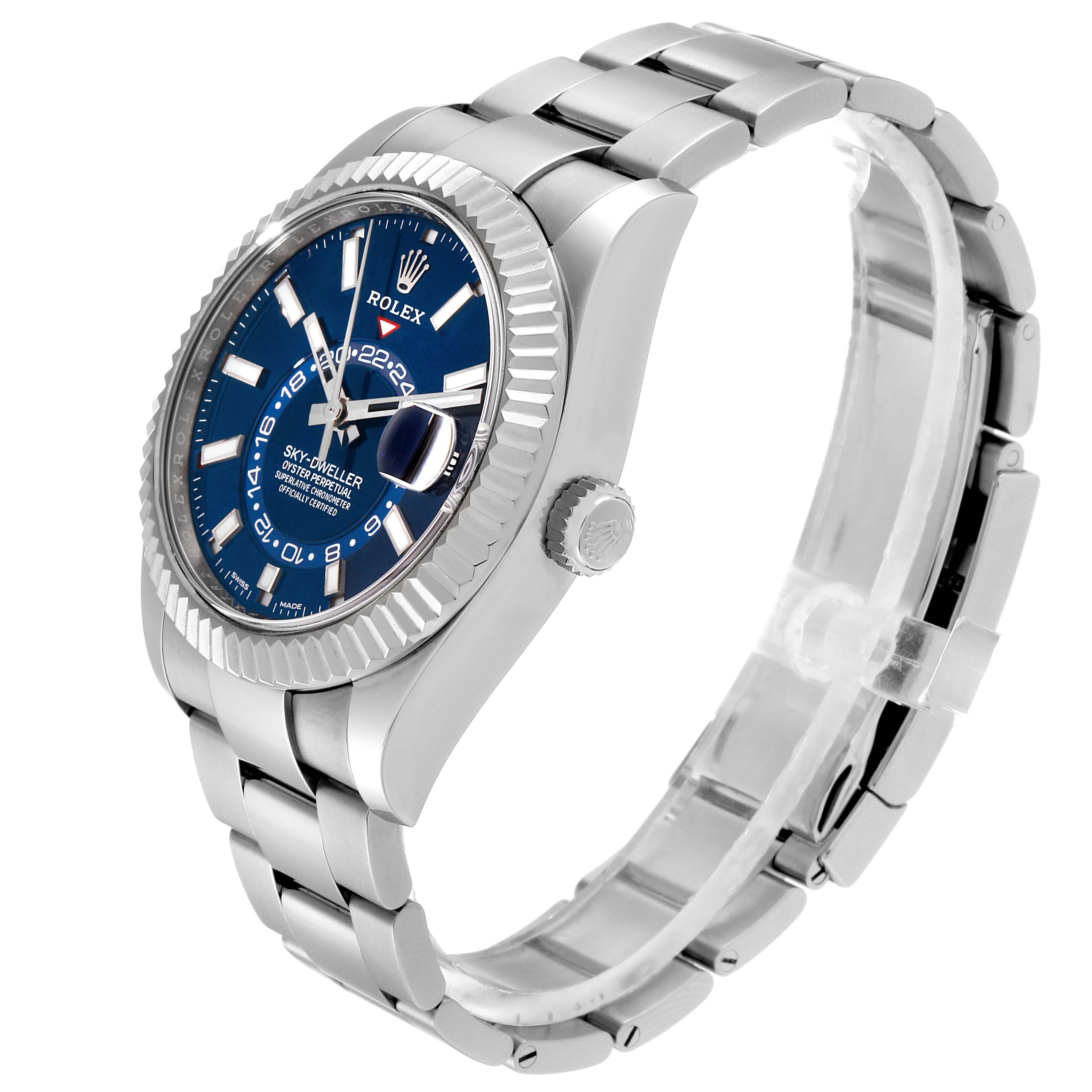 The image shows a side view of a Rolex Sky-Dweller 326934 Men's Stainless Steel Blue Dial 326934 Men's Stainless Steel Blue Dial watch, highlighting the face, bezel, crown, and bracelet.