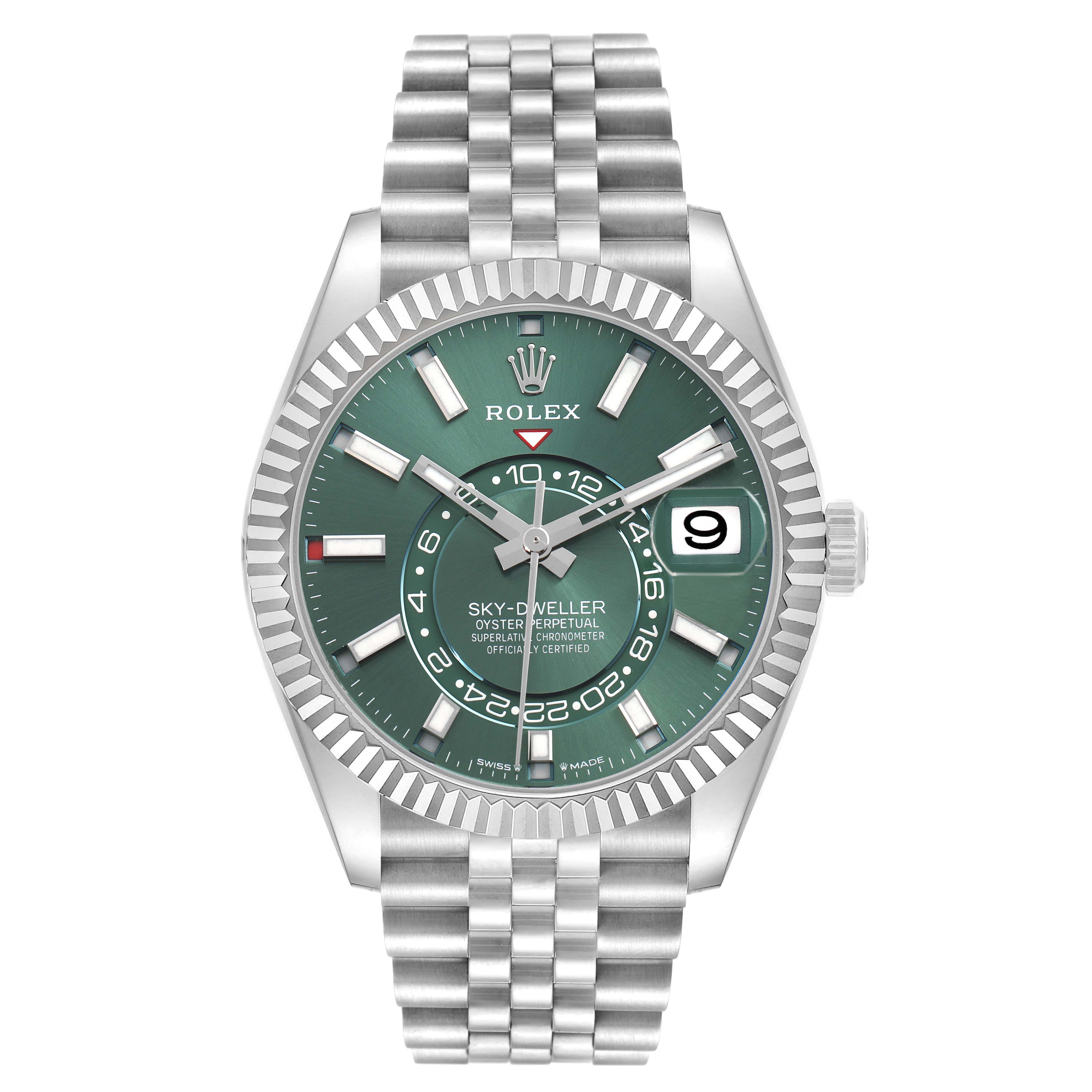 The Rolex Sky-Dweller 336934 Men's Stainless Steel Green Dial watch is shown from the front, displaying the dial, bezel, and bracelet.