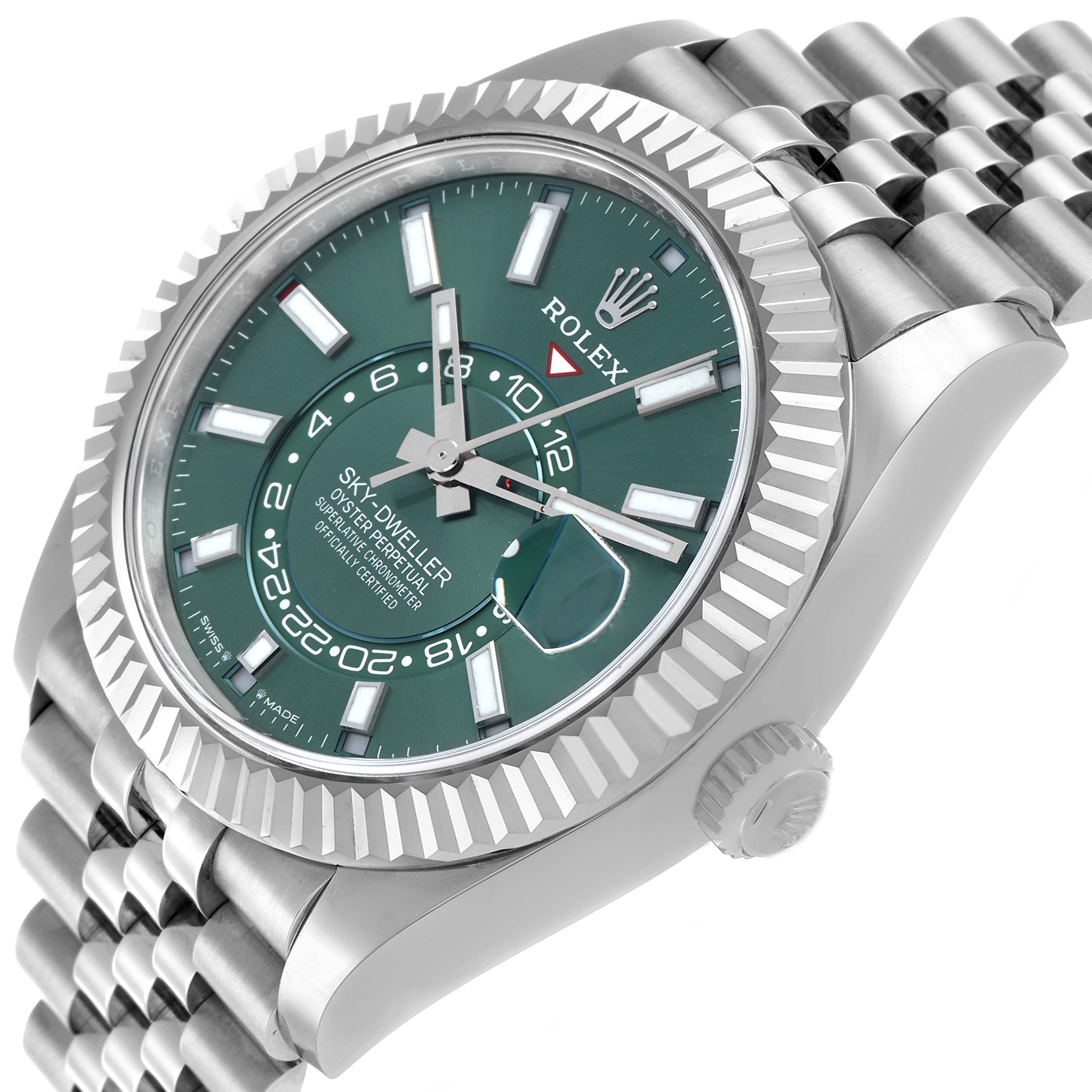 The Rolex Sky-Dweller 336934 Men's Stainless Steel Green Dial watch is shown at an angle highlighting the face, bezel, case, and part of the bracelet.