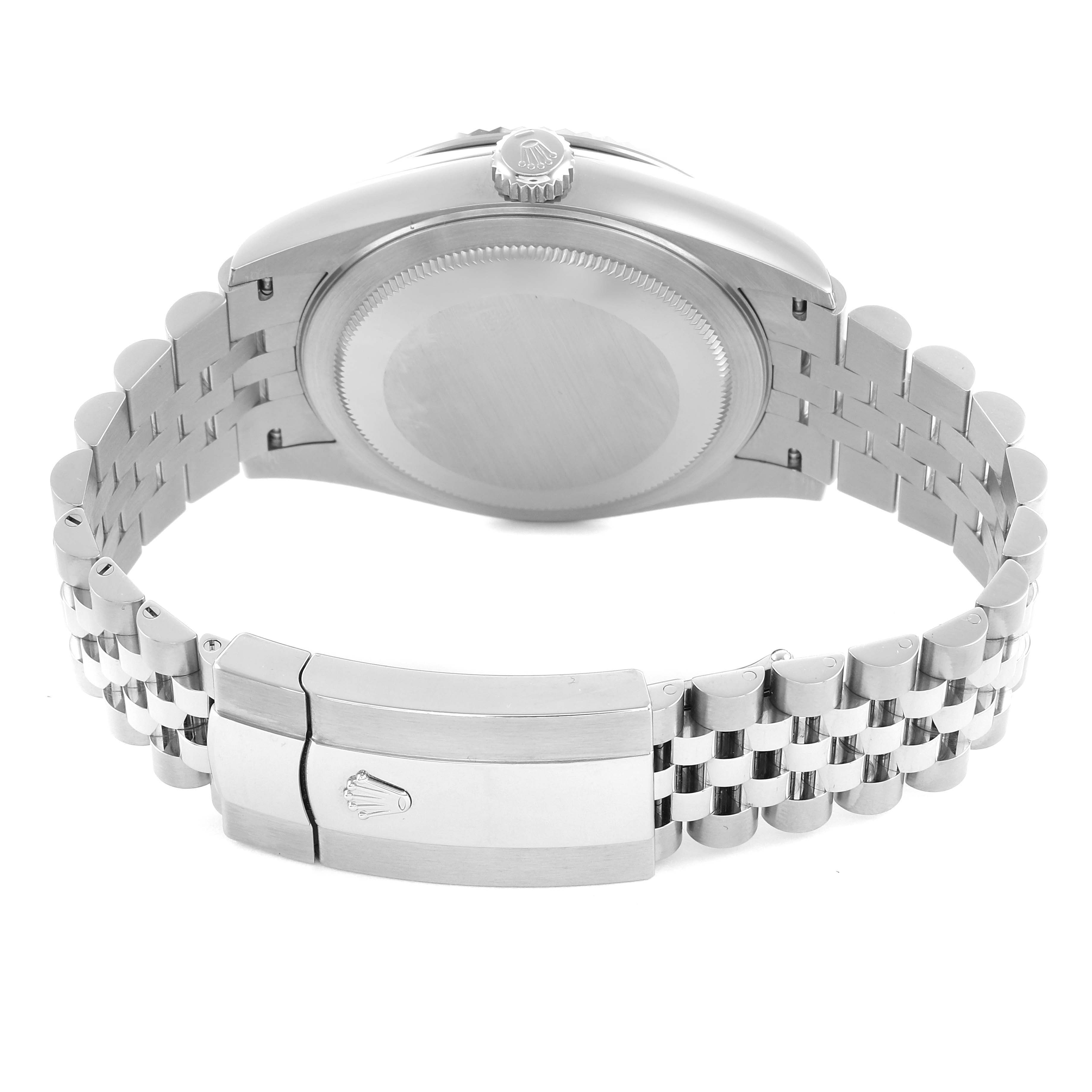 The Rolex Sky-Dweller 336934 Men's Stainless Steel Green Dial watch is shown from the back, focusing on the case, bracelet, and clasp.