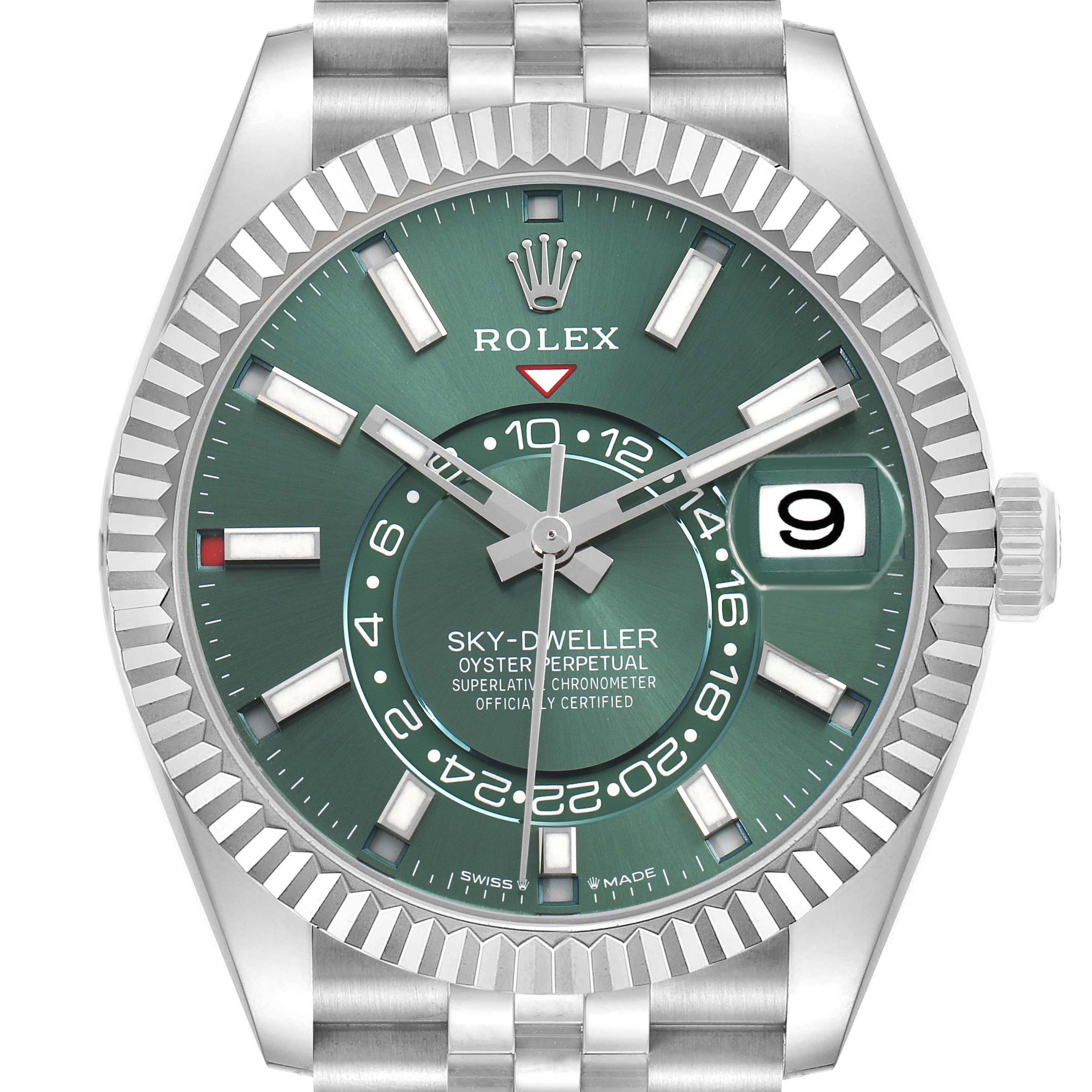 The Rolex Sky-Dweller 336934 Men's Stainless Steel Green Dial is shown from a front angle, displaying its green dial, hands, date window, and bezel.