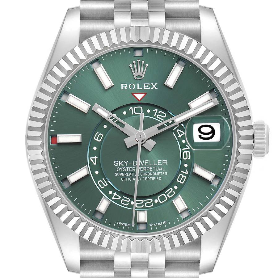 The Rolex Sky-Dweller 336934 Men's Stainless Steel Green Dial is shown from a front angle, displaying its green dial, hands, date window, and bezel.