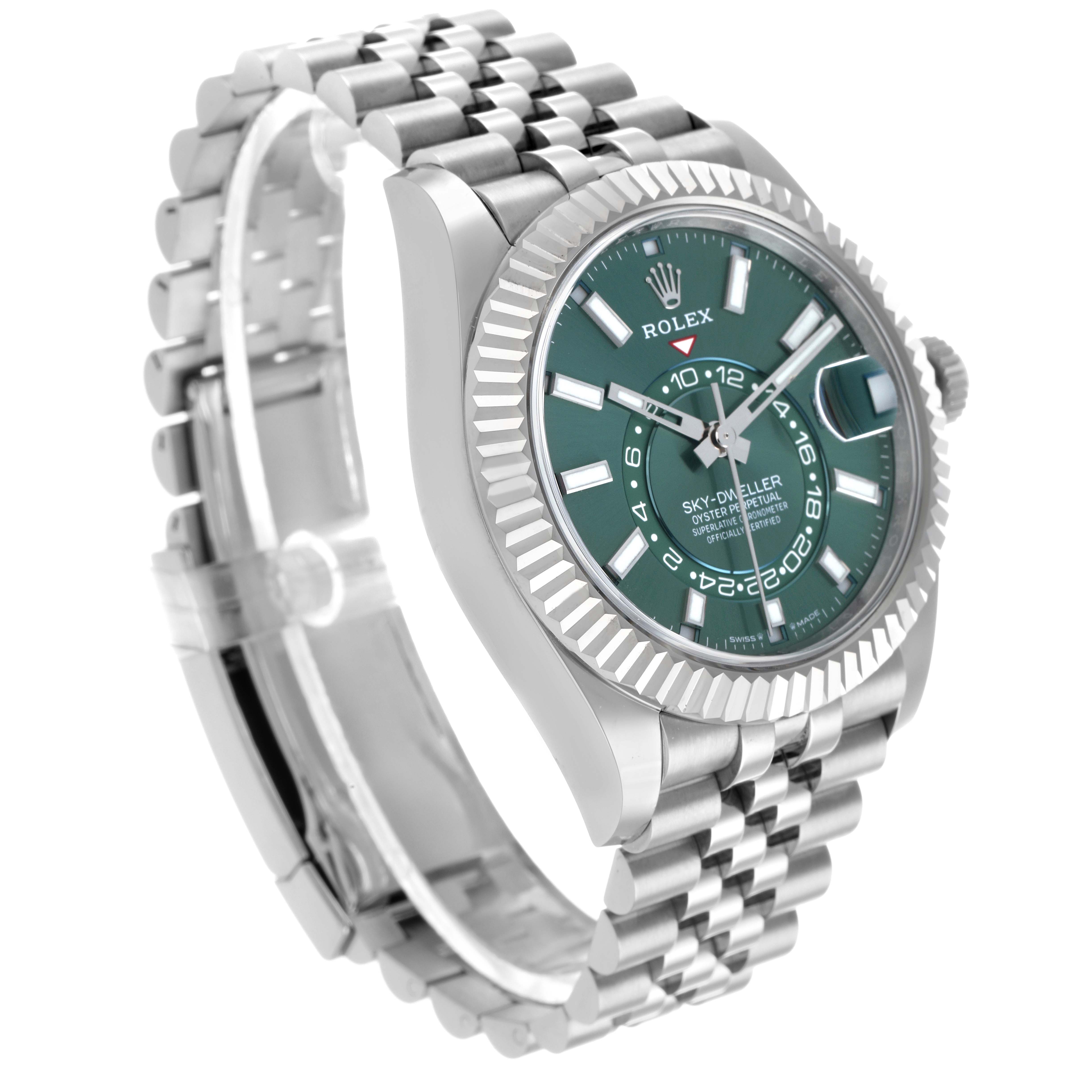 The Rolex Sky-Dweller 336934 Men's Stainless Steel Green Dial is shown at an oblique angle, highlighting the face, bezel, and bracelet.