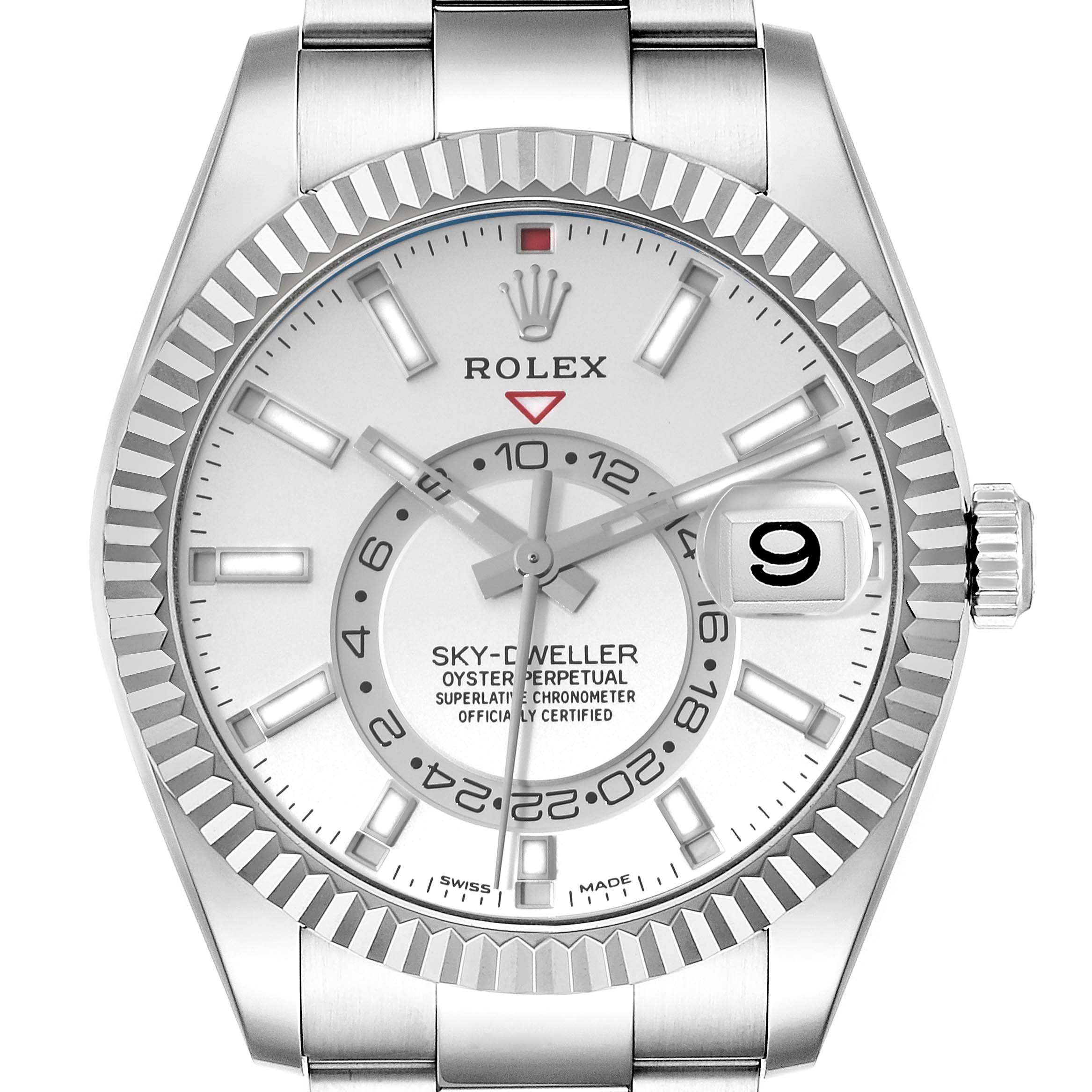 The image displays a frontal view of the Rolex Sky-Dweller 326934 Men's Stainless Steel Silver Dial 326934 Men's Stainless Steel Silver Dial watch, showcasing its dial, hands, date window, and fluted bezel.