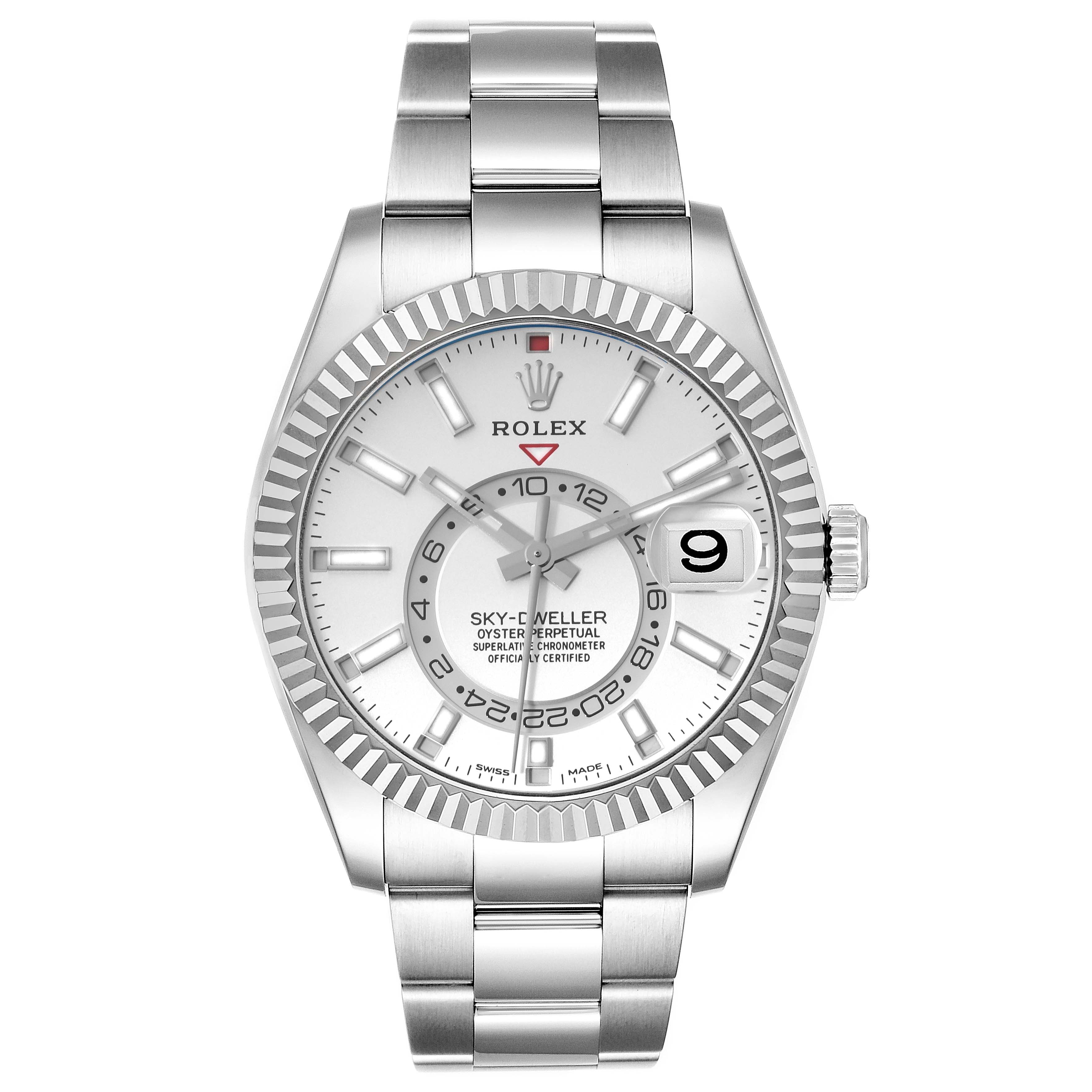 The image shows a frontal view of the Rolex Sky-Dweller 326934 Men's Stainless Steel Silver Dial 326934 Men's Stainless Steel Silver Dial watch, showcasing its face, bezel, and stainless steel bracelet.