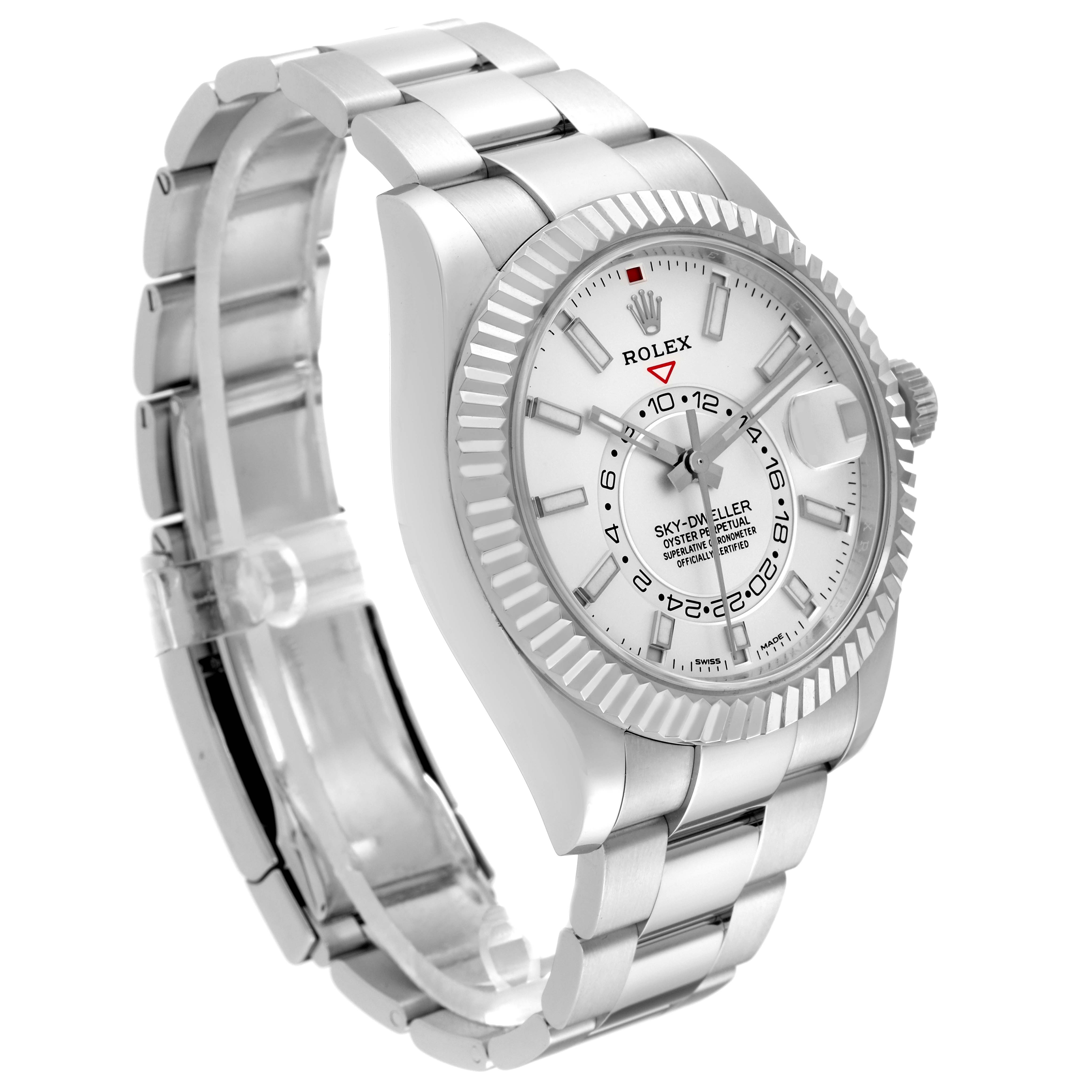 The image shows a Rolex Sky-Dweller 326934 Men's Stainless Steel Silver Dial 326934 Men's Stainless Steel Silver Dial watch at a three-quarter angle, highlighting the bracelet, bezel, and face.