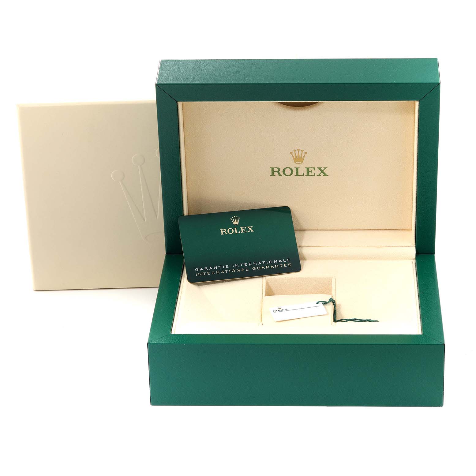 The image shows a Rolex Sky-Dweller 326934 Men's Stainless Steel Silver Dial 326934 Men's Stainless Steel Silver Dial watch box with a warranty card, tag, and outer box viewed from the front.