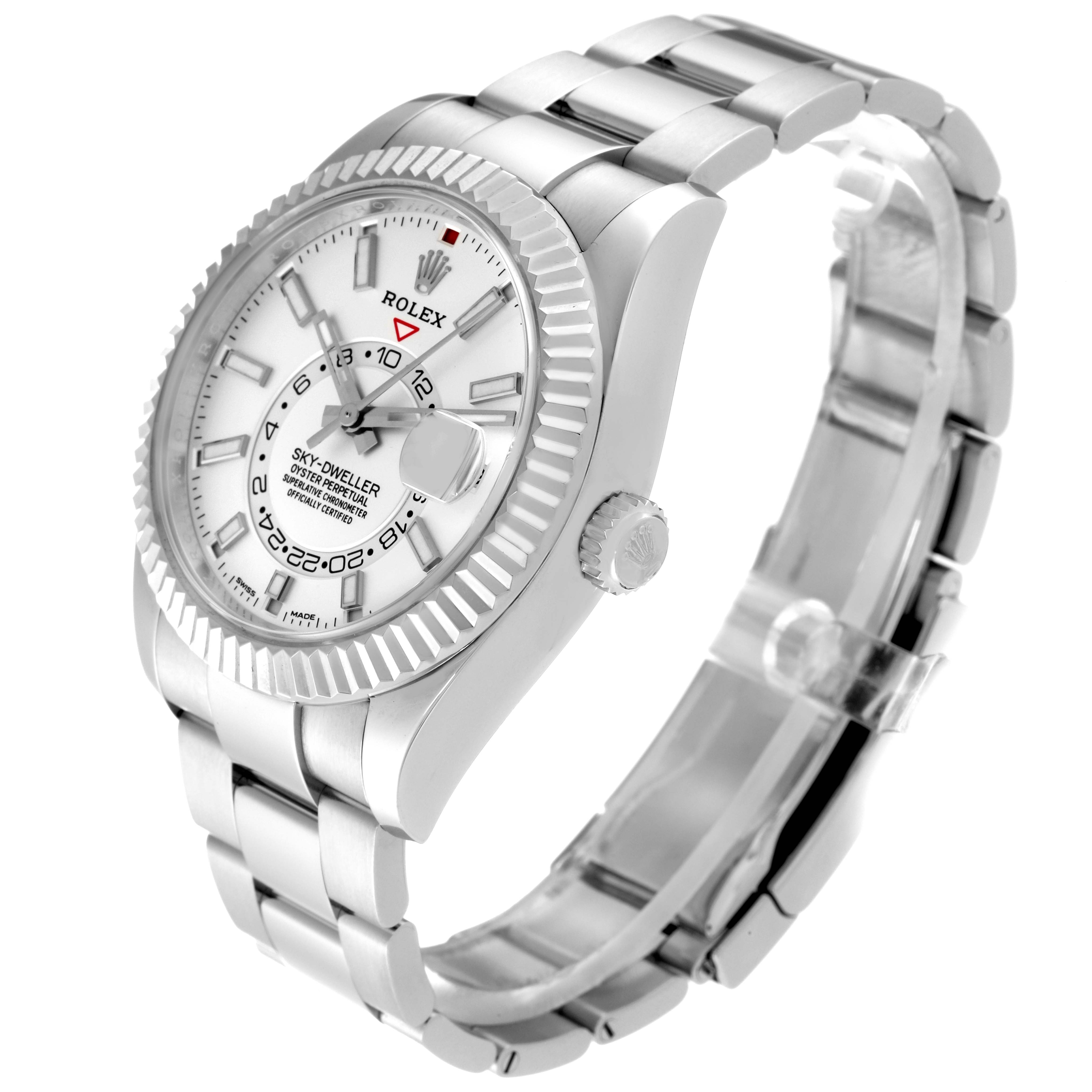 The Rolex Sky-Dweller 326934 Men's Stainless Steel Silver Dial 326934 Men's Stainless Steel Silver Dial watch is shown at a three-quarter angle, displaying the watch face, case, crown, and bracelet.