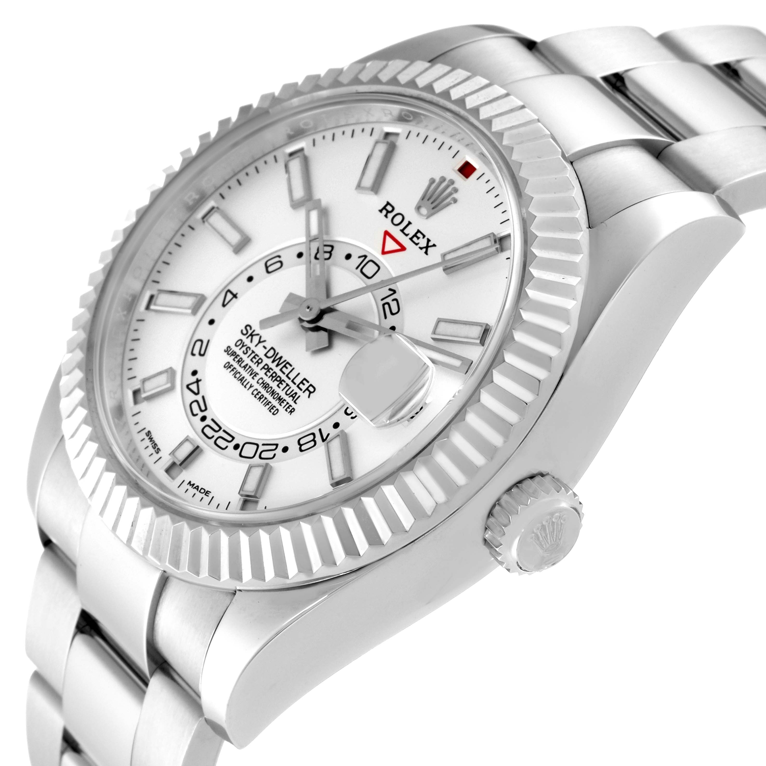 The image shows a close-up, angled side view of a Rolex Sky-Dweller 326934 Men's Stainless Steel Silver Dial 326934 Men's Stainless Steel Silver Dial watch, highlighting the face, bezel, and part of the bracelet.