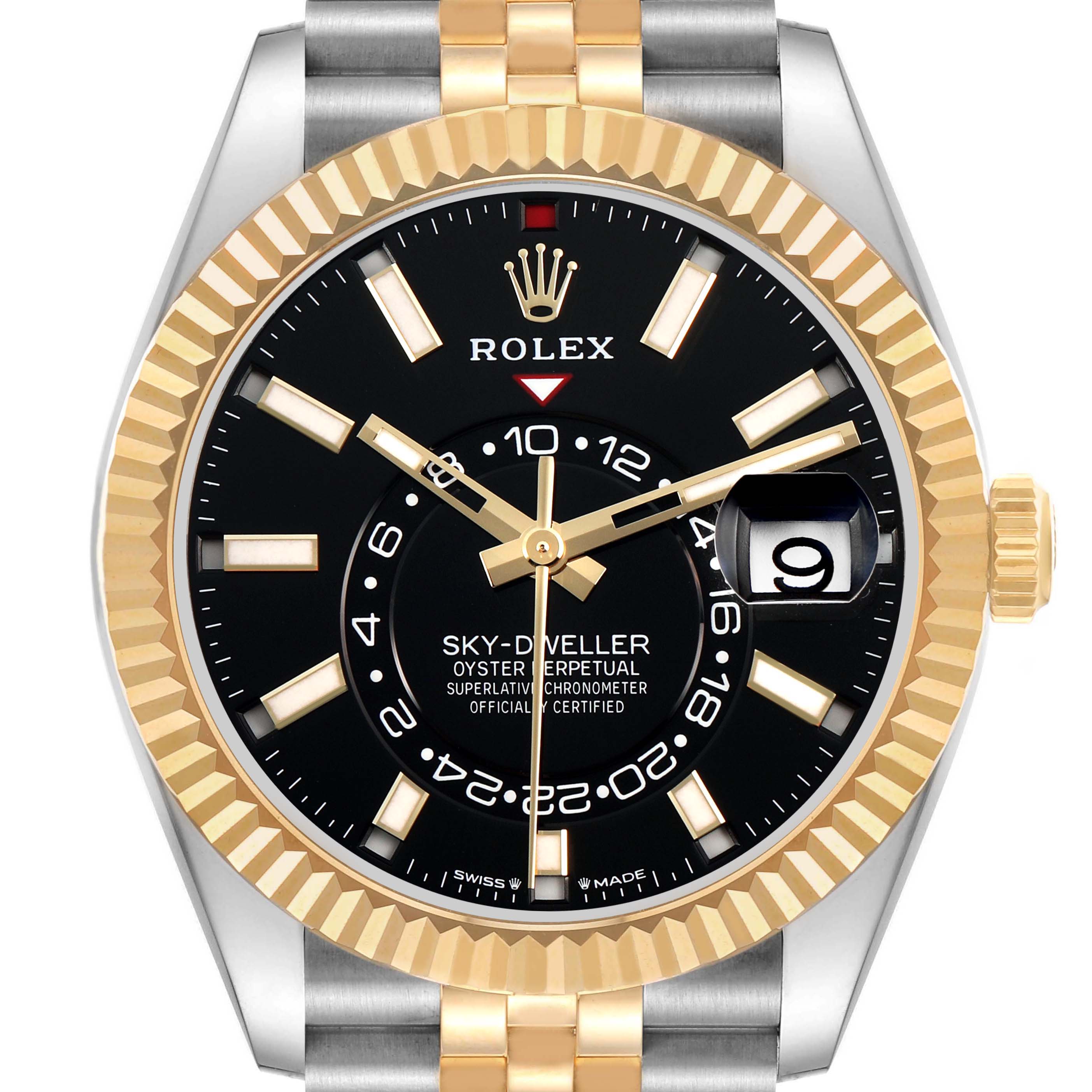 The Rolex Sky-Dweller 336933 Men's Steel and Gold (two tone) Black Dial is shown from the front, highlighting the black dial, gold fluted bezel, and two-tone bracelet.