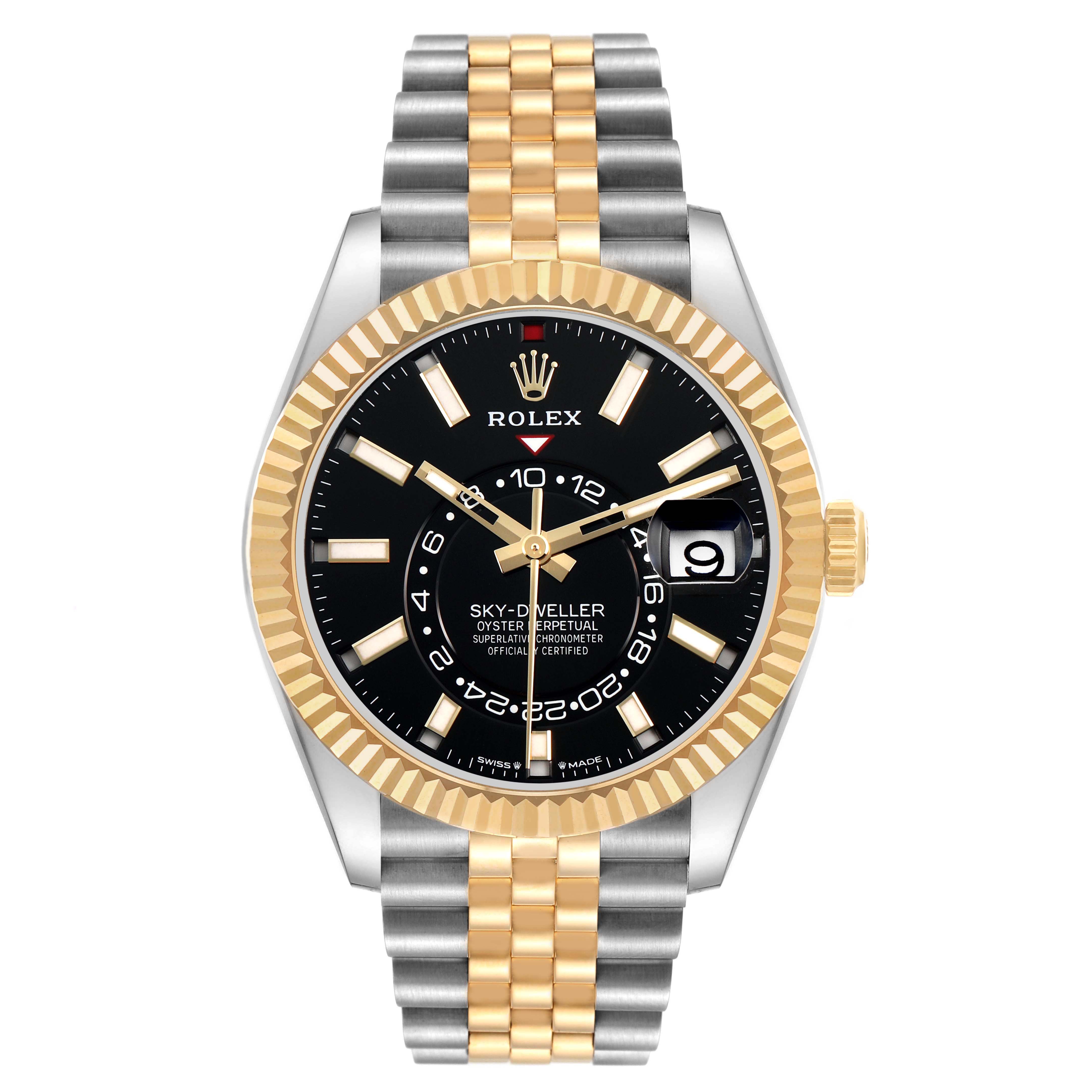 The Rolex Sky-Dweller 336933 Men's Steel and Gold (two tone) Black Dial watch is shown from the front, displaying its face, bezel, crown, and bracelet.