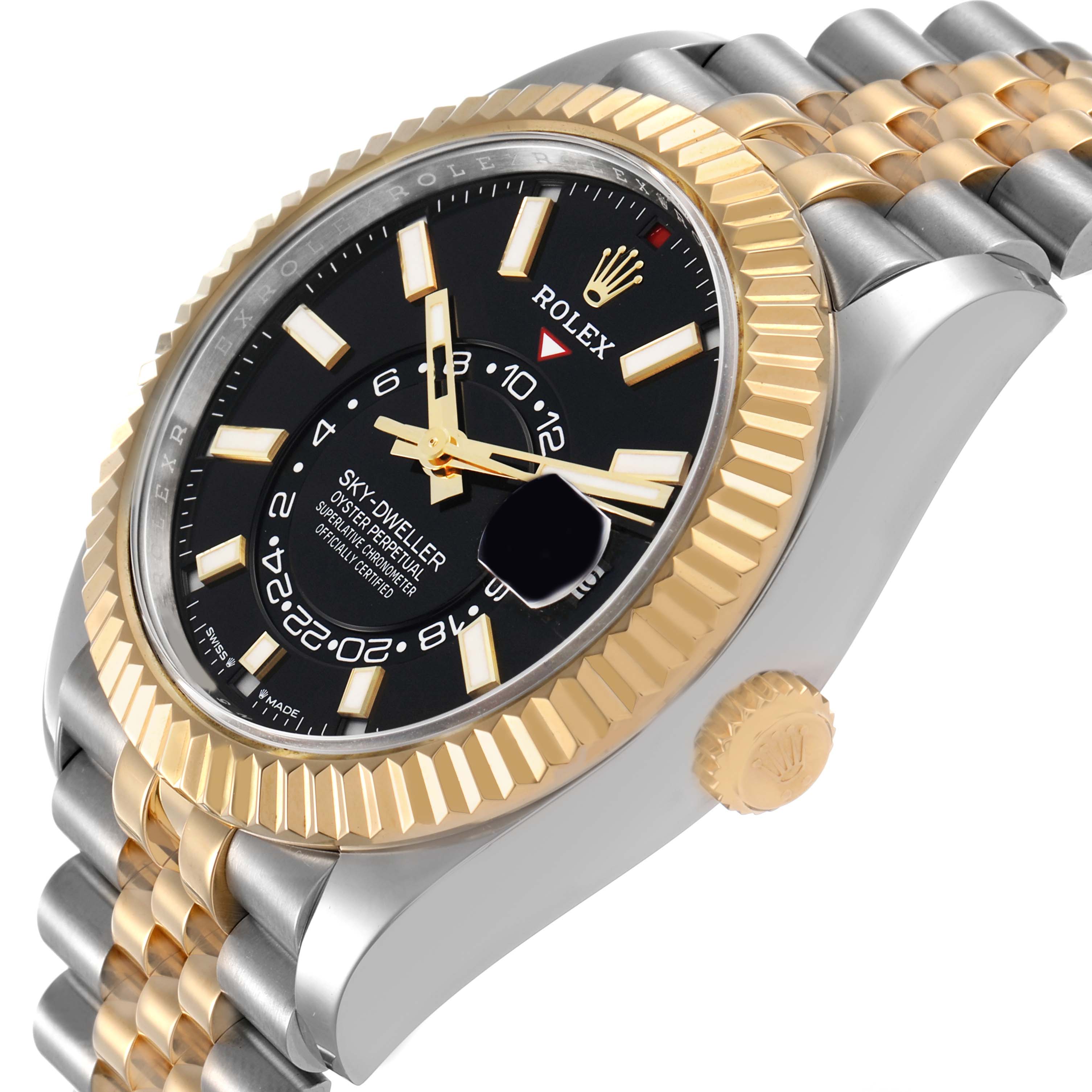 The Rolex Sky-Dweller 336933 Men's Steel and Gold (two tone) Black Dial watch is shown at a three-quarter angle, highlighting the bezel, crown, bracelet, and dial.