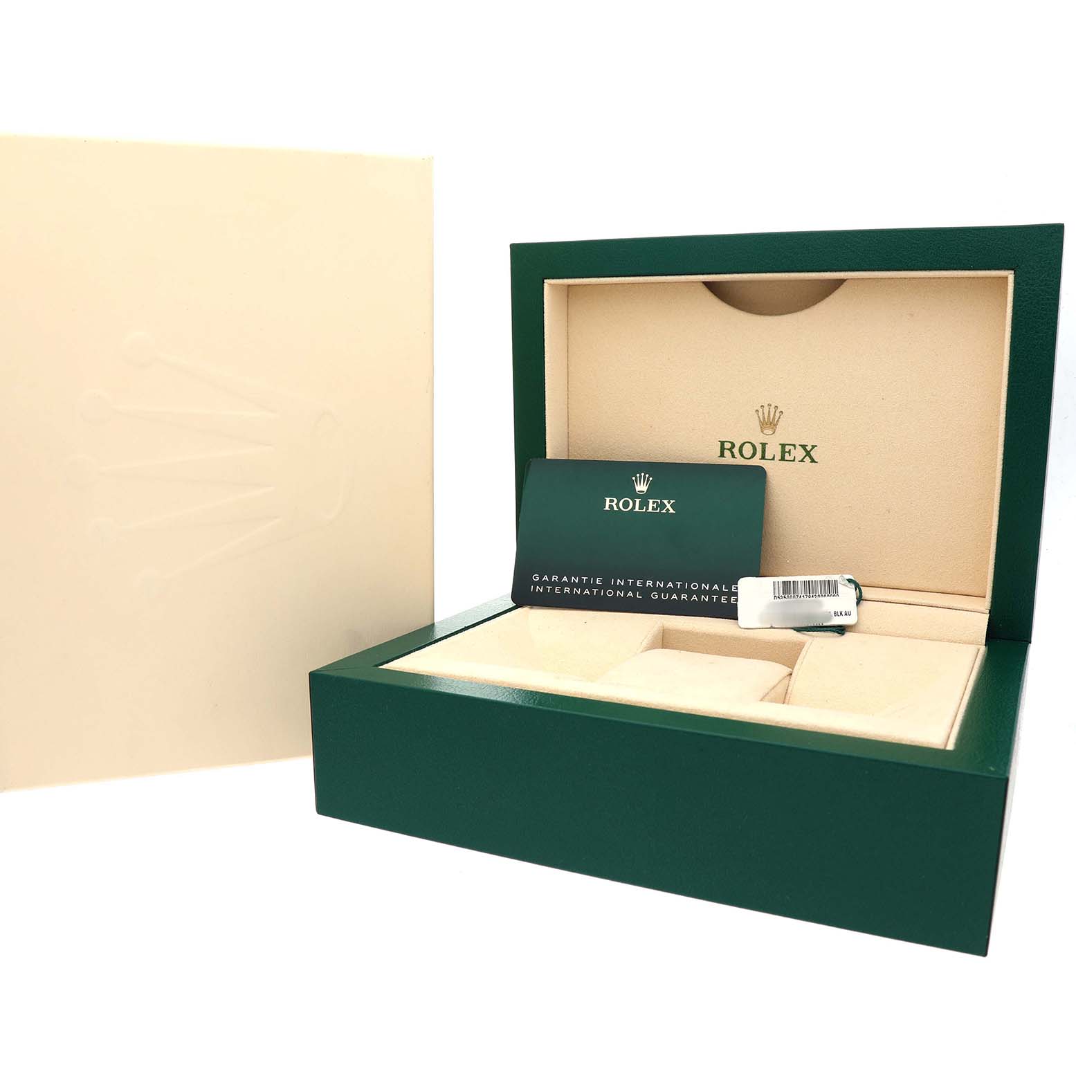 The image shows a Rolex Sky-Dweller 336933 Men's Steel and Gold (two tone) Black Dial box set, including the open green box, international guarantee card, and tag from a front angle.
