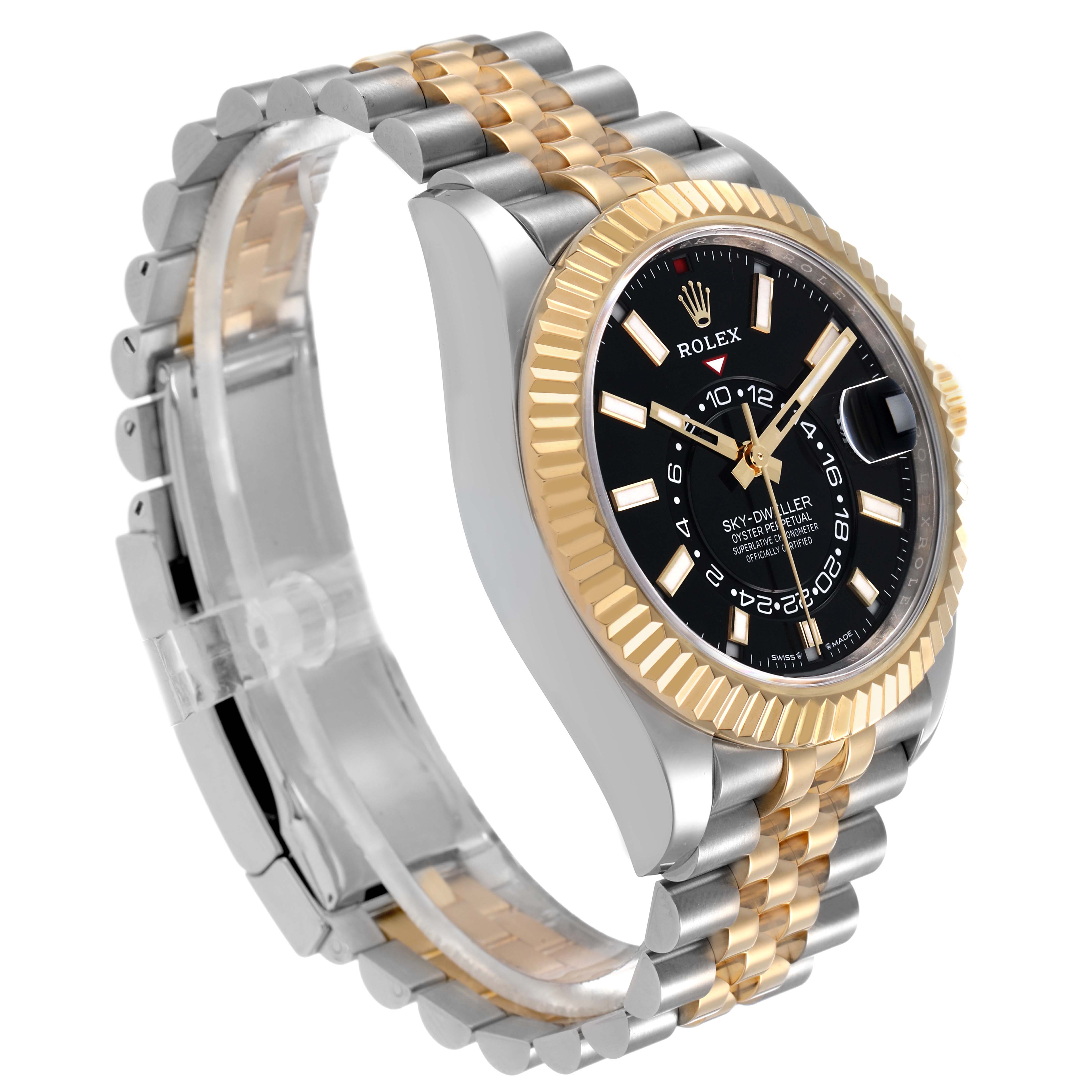 The Rolex Sky-Dweller 336933 Men's Steel and Gold (two tone) Black Dial watch is shown at a three-quarter angle displaying the dial, bezel, and bracelet.