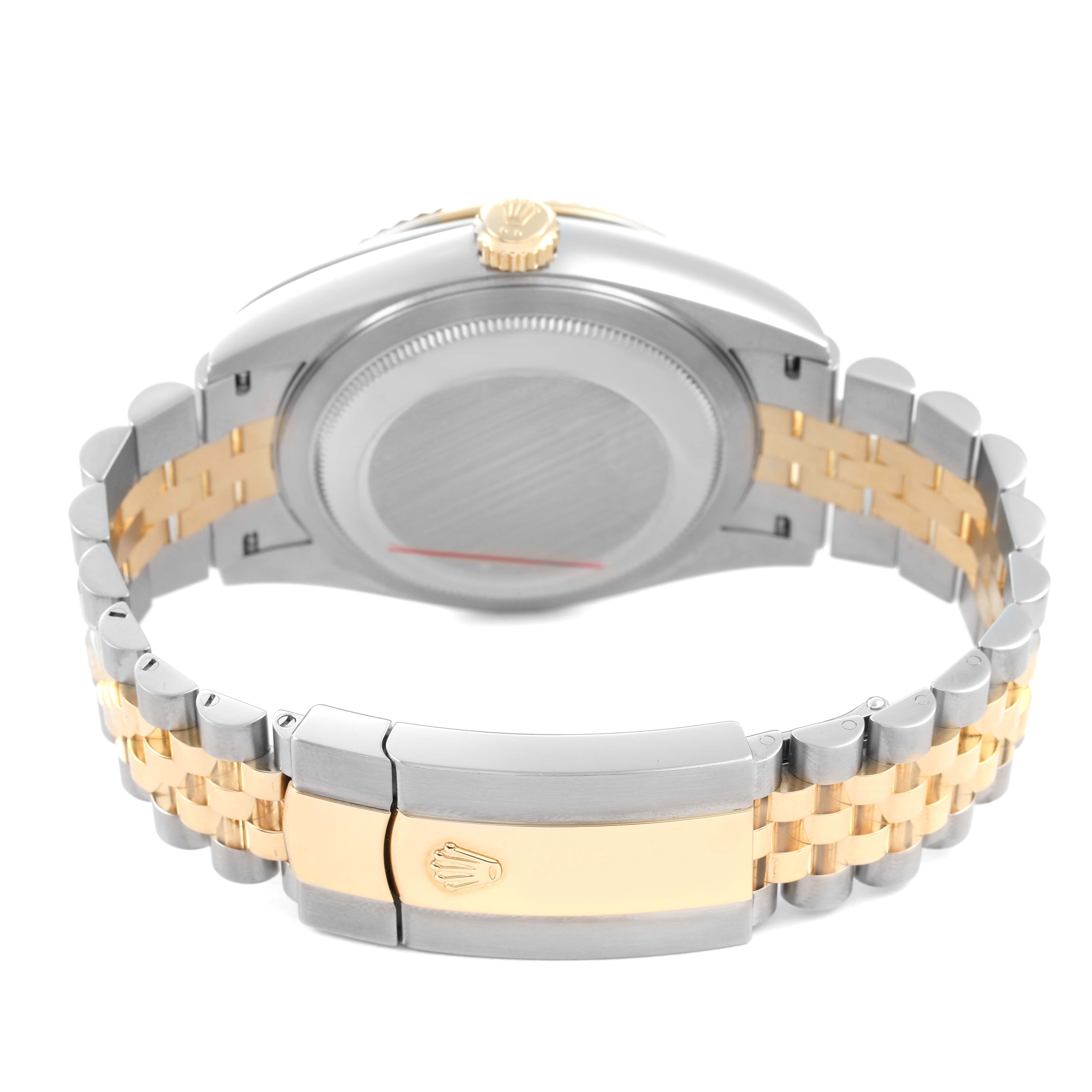 The image shows the back view of a Rolex Sky-Dweller 336933 Men's Steel and Gold (two tone) Black Dial, highlighting the case back and two-tone bracelet with the clasp.