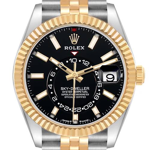 The Rolex Sky-Dweller 336933 Men's Steel and Gold (two tone) Black Dial is shown from the front, highlighting the dial, bezel, and part of the bracelet.