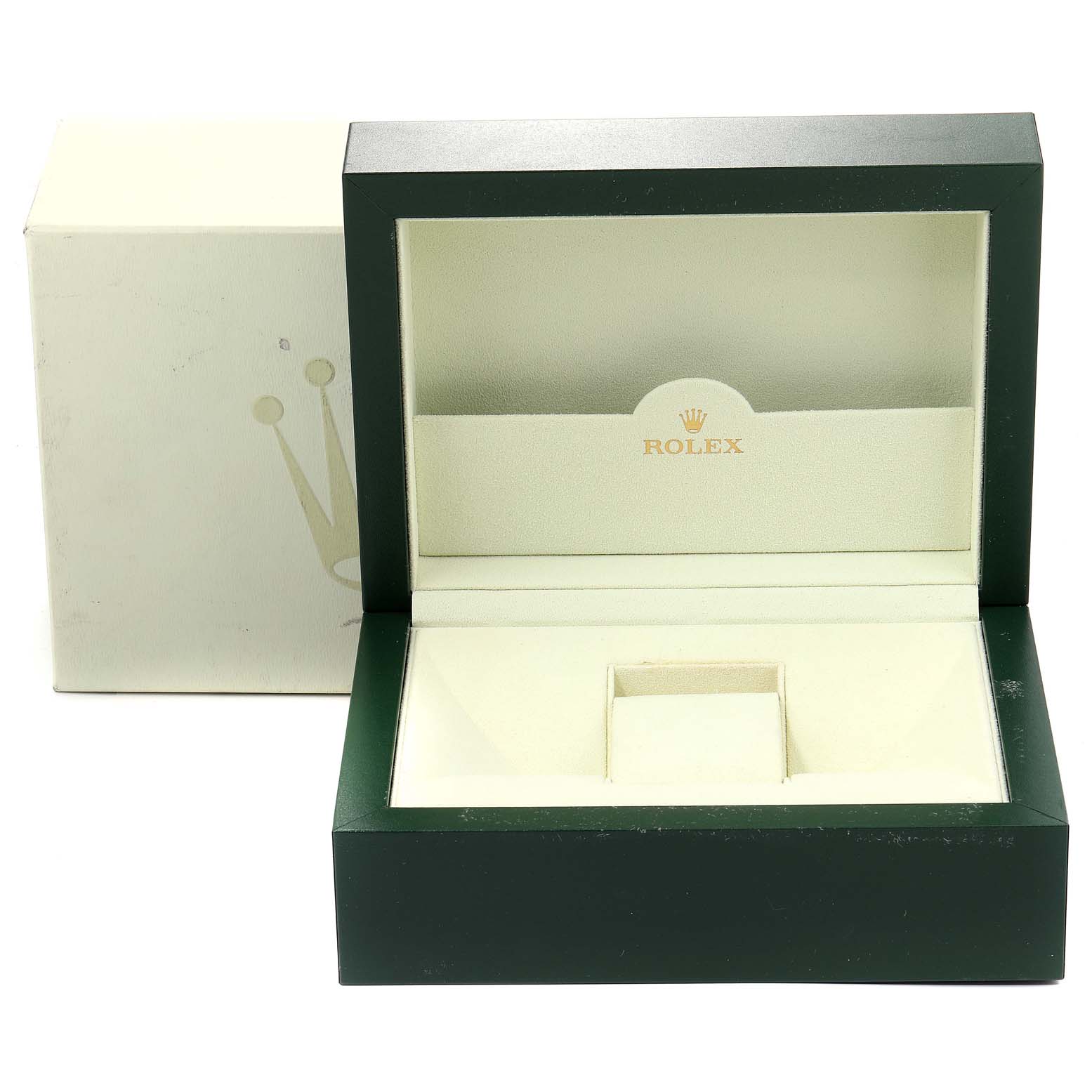 This image shows an open Rolex Submariner 16613 Men
s Steel and Gold (two tone) Blue Dial 16613 Men
s Steel and Gold (two tone) Blue Dial watch box with a cream interior and dark green exterior.