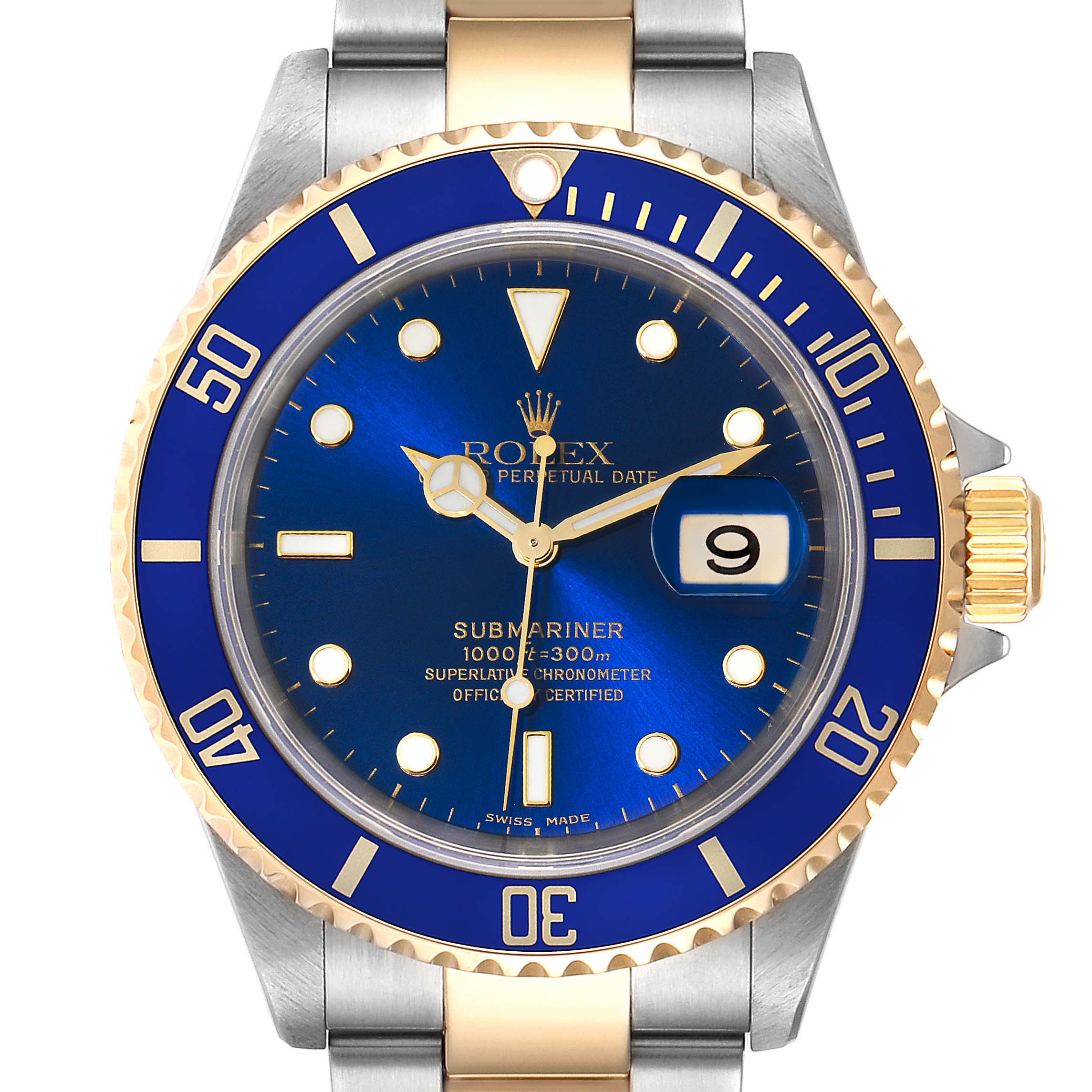 The image shows a frontal view of the Rolex Submariner 16613 Men
s Steel and Gold (two tone) Blue Dial 16613 Men
s Steel and Gold (two tone) Blue Dial watch, highlighting its blue dial, gold accents, and rotating bezel.