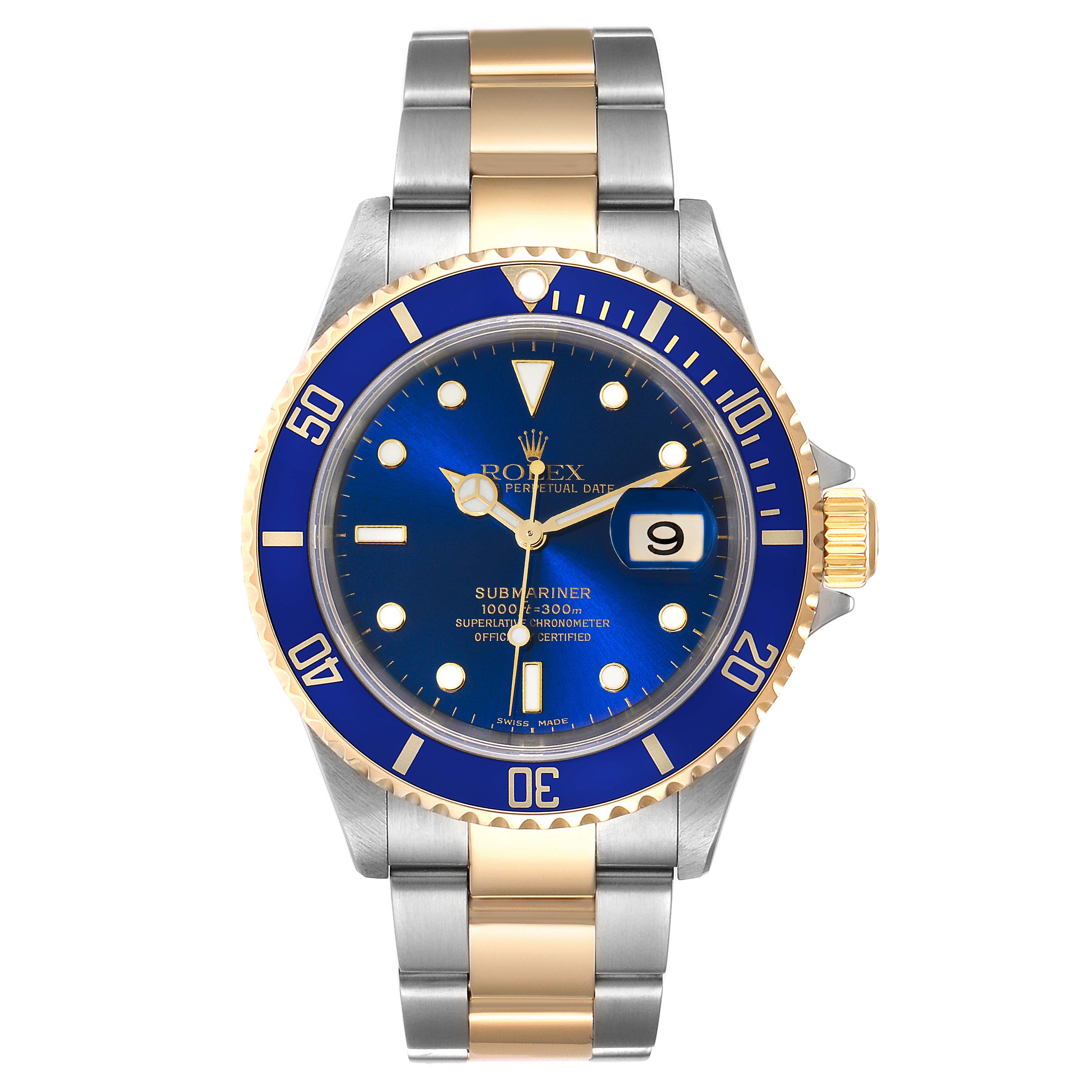 The image shows a front view of a Rolex Submariner 16613 Men
s Steel and Gold (two tone) Blue Dial 16613 Men
s Steel and Gold (two tone) Blue Dial watch, featuring a blue dial, blue bezel, gold accents, and a two-tone bracelet.