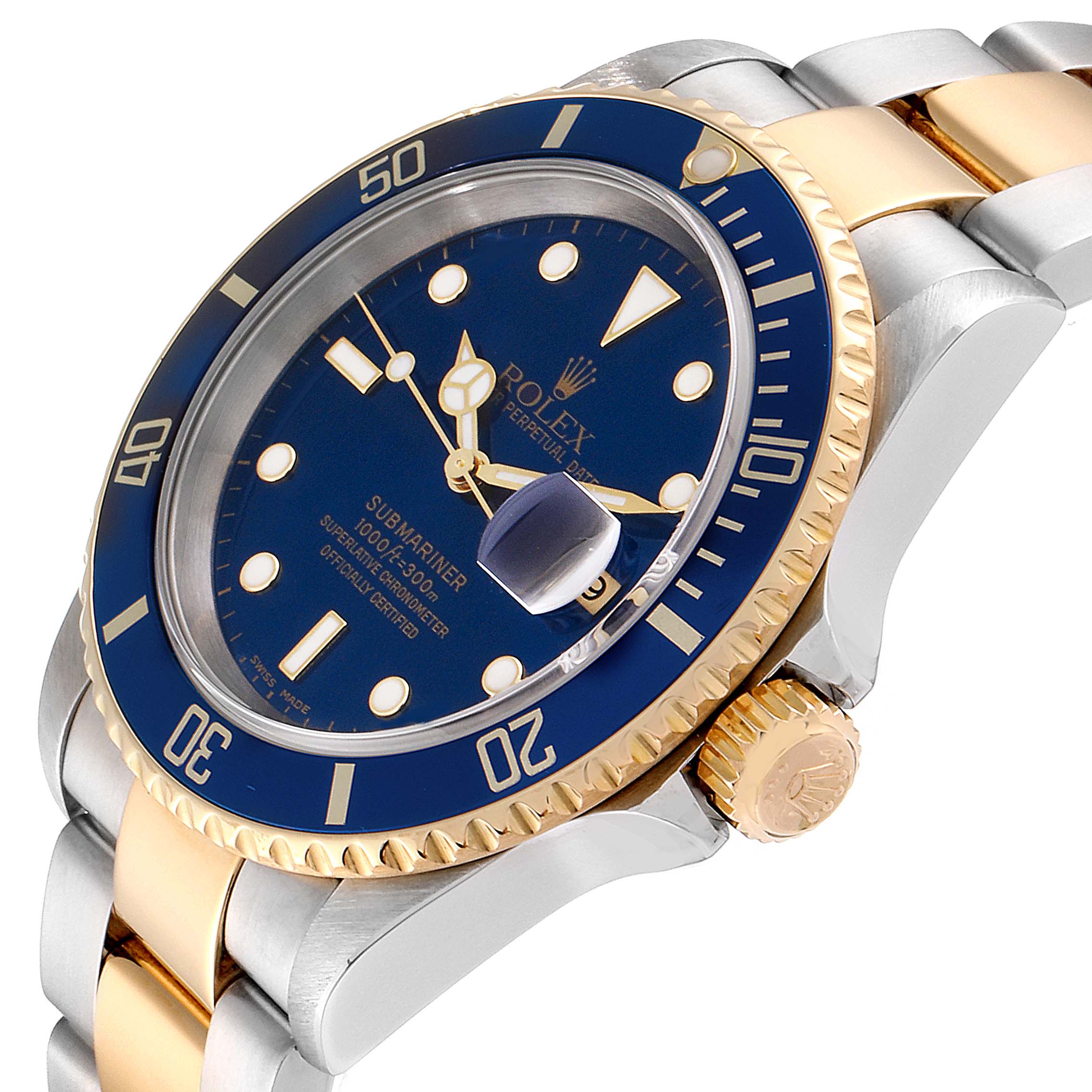 The image shows a side angle view of a Rolex Submariner 16613 Men
s Steel and Gold (two tone) Blue Dial 16613 Men
s Steel and Gold (two tone) Blue Dial, highlighting the blue dial, gold bezel, and two-tone bracelet.