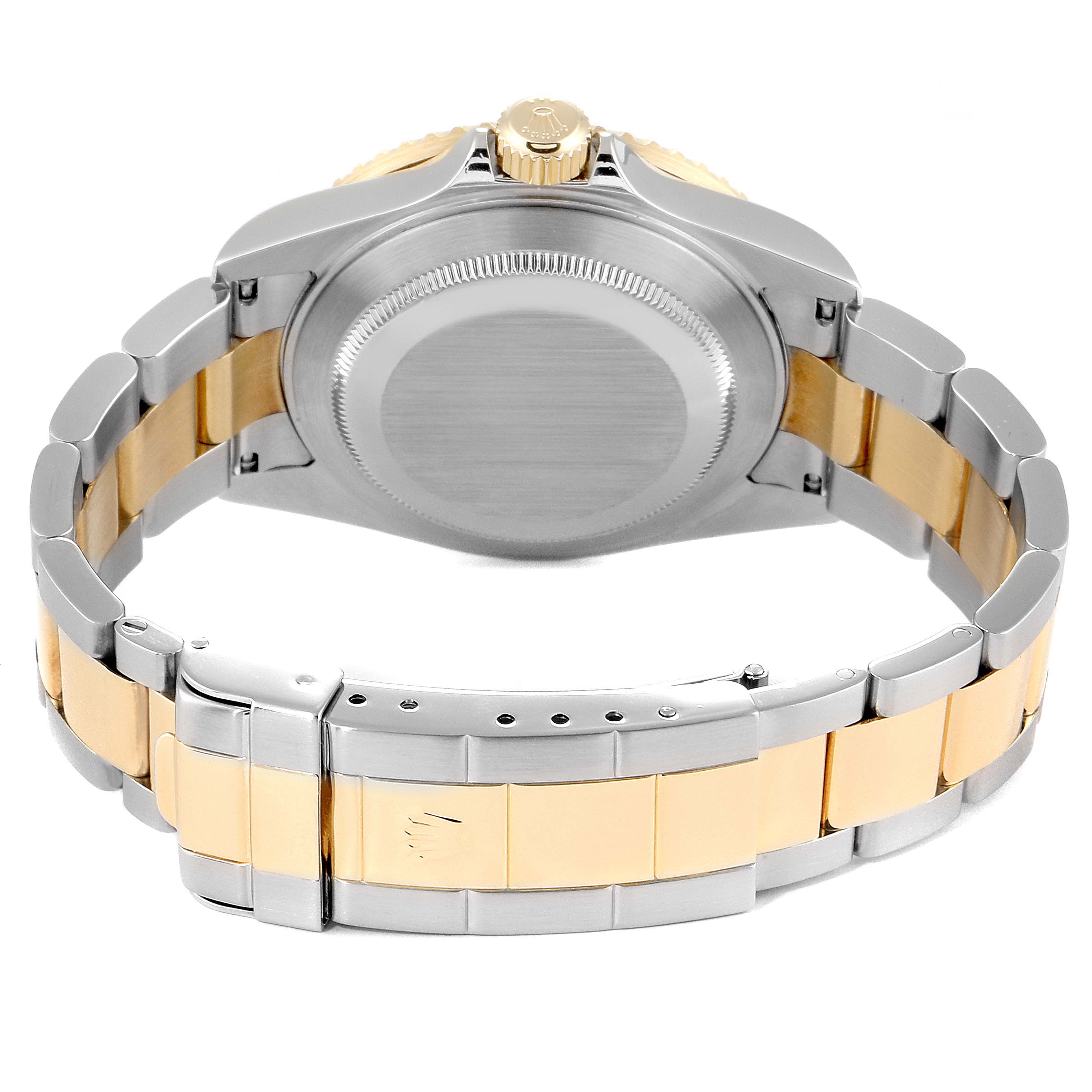 This image shows the back of the Rolex Submariner 16613 Men
s Steel and Gold (two tone) Blue Dial 16613 Men
s Steel and Gold (two tone) Blue Dial watch, highlighting its two-tone bracelet and case back.