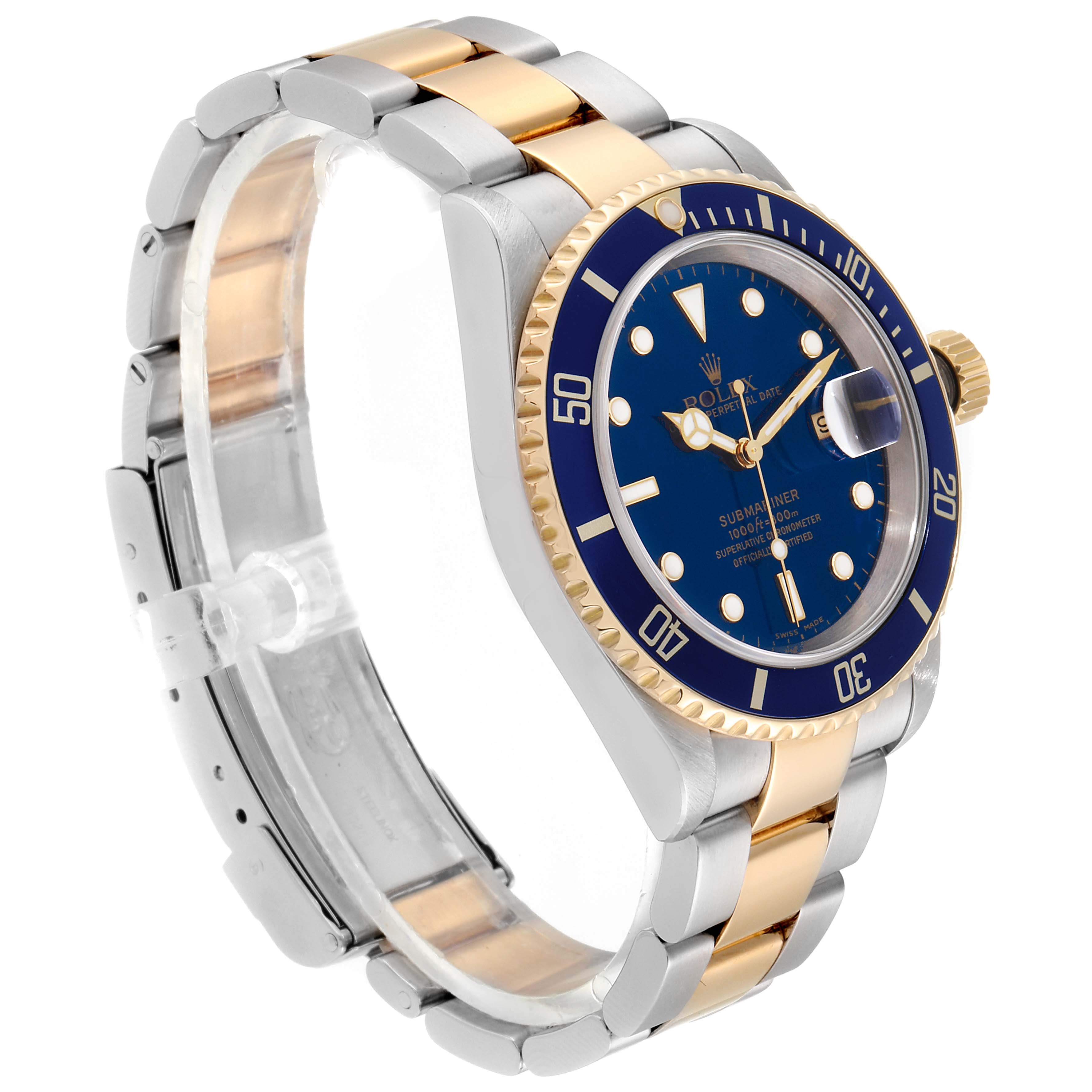 The image shows a side and front angle of the Rolex Submariner 16613 Men
s Steel and Gold (two tone) Blue Dial 16613 Men
s Steel and Gold (two tone) Blue Dial watch, highlighting the dial, bezel, and bracelet.