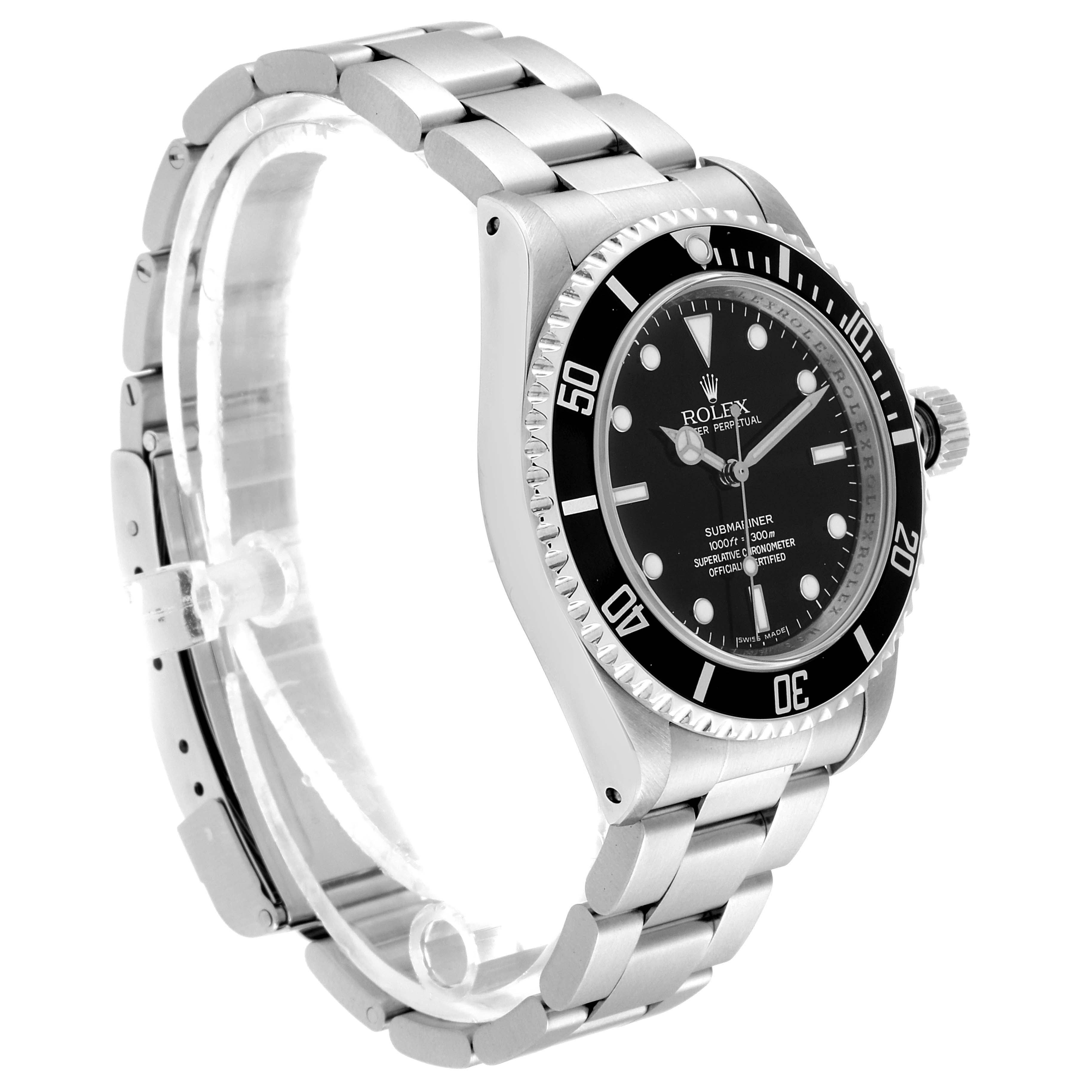 This image shows a side-angle view of the Rolex Submariner 14060M Men's Stainless Steel Black Dial 14060M Men's Stainless Steel Black Dial watch, displaying the bezel, dial, and stainless steel bracelet.