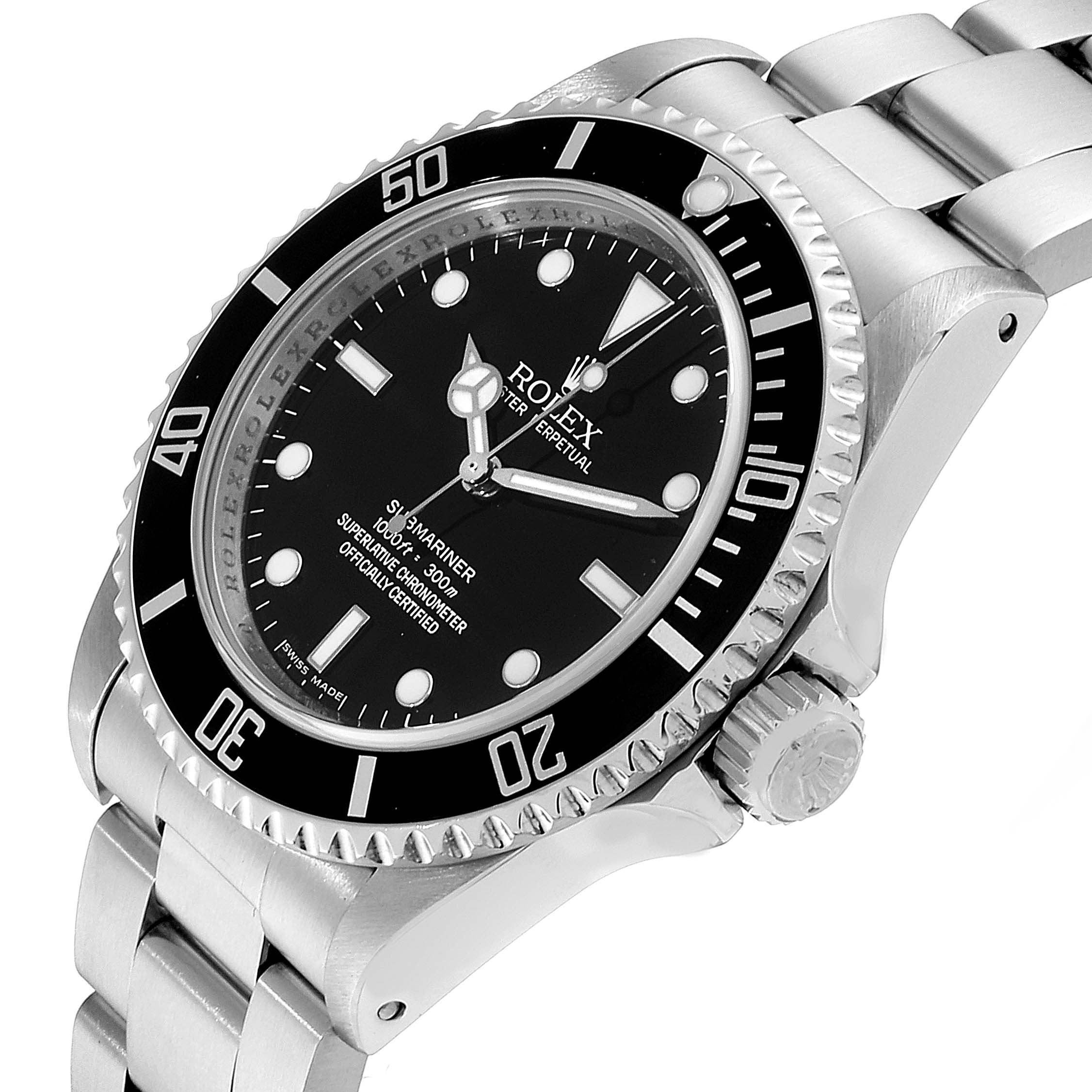 The image shows a close-up view of the Rolex Submariner 14060M Men's Stainless Steel Black Dial 14060M Men's Stainless Steel Black Dial watch, revealing the face, bezel, crown, and part of the bracelet at an angle.