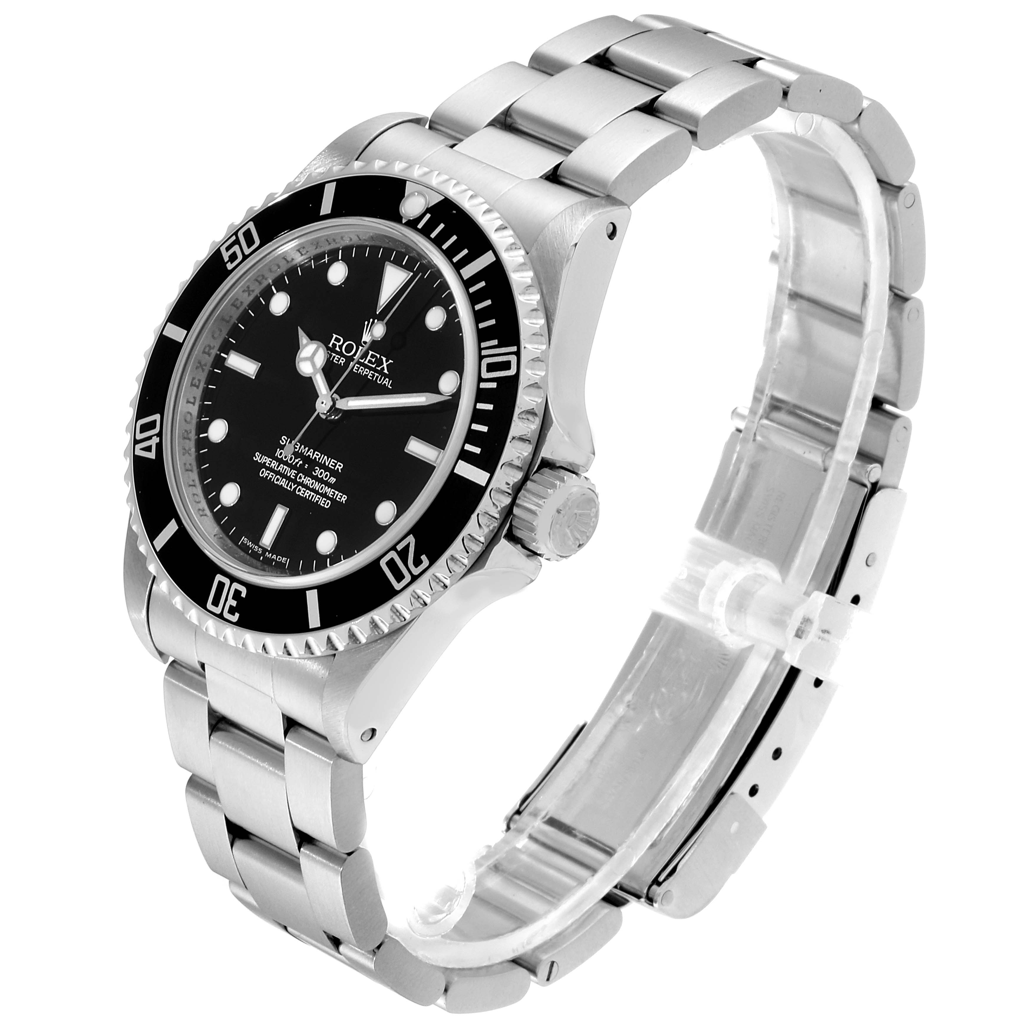The image shows a side angle of a Rolex Submariner 14060M Men's Stainless Steel Black Dial 14060M Men's Stainless Steel Black Dial watch, displaying its black dial, bezel, and stainless steel bracelet.