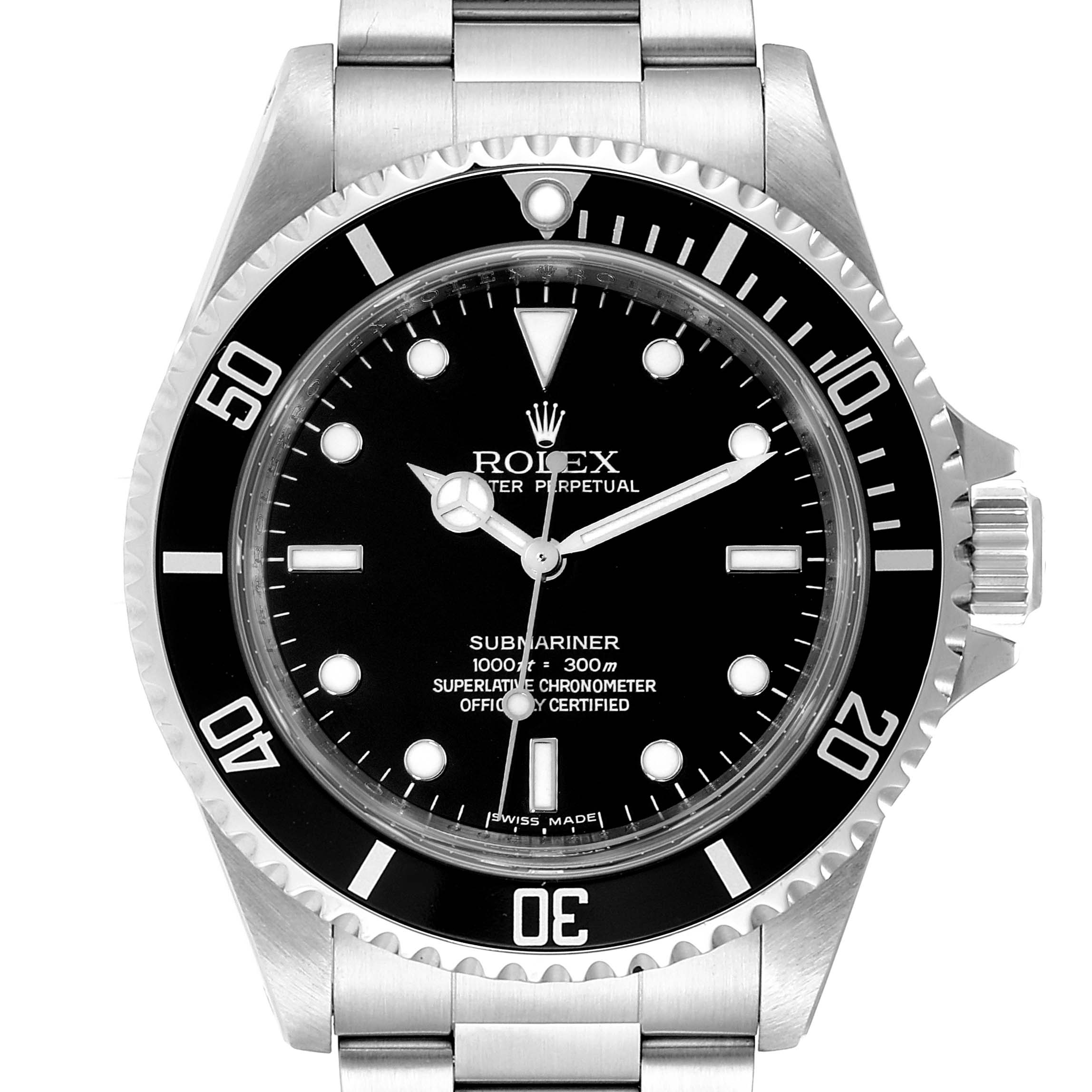 The photo shows a front view of a Rolex Submariner 14060M Men's Stainless Steel Black Dial 14060M Men's Stainless Steel Black Dial watch focusing on its black dial, bezel, and part of the stainless steel bracelet.