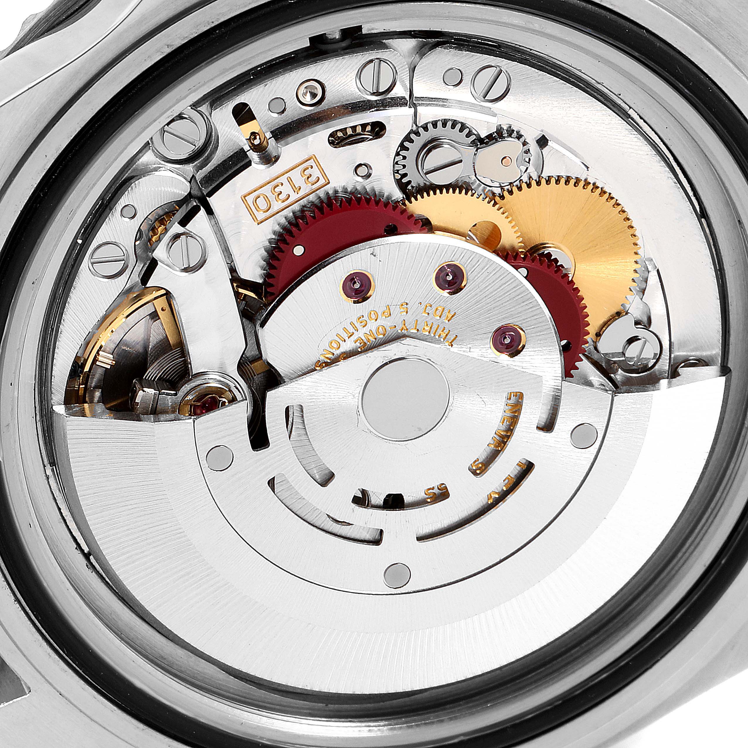 This image shows the internal mechanical movement parts of a Rolex Submariner 14060M Men's Stainless Steel Black Dial 14060M Men's Stainless Steel Black Dial watch from a close-up angle.