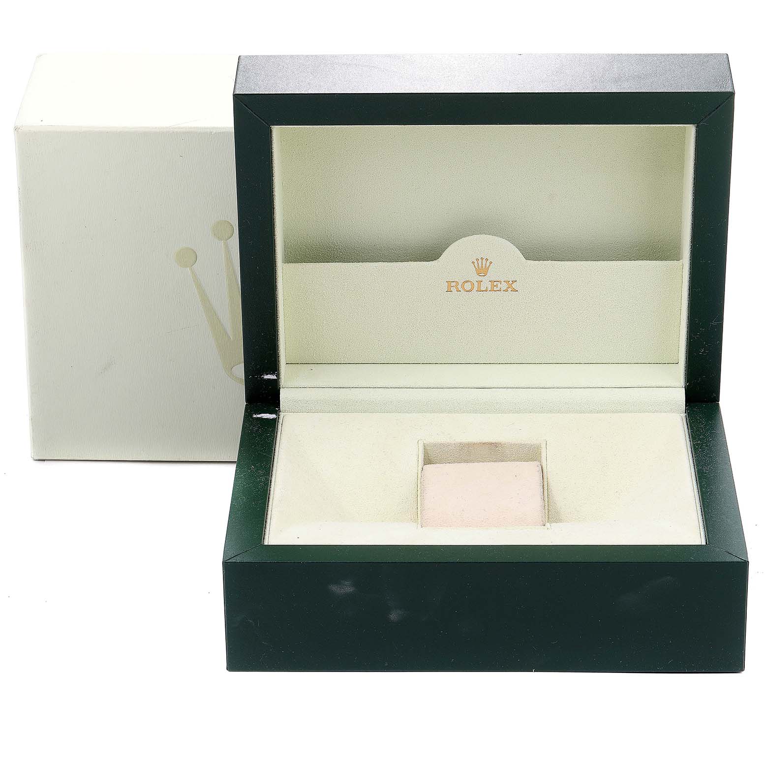 This image shows an open Rolex watch box for the Submariner model, including the cushion and outer packaging.