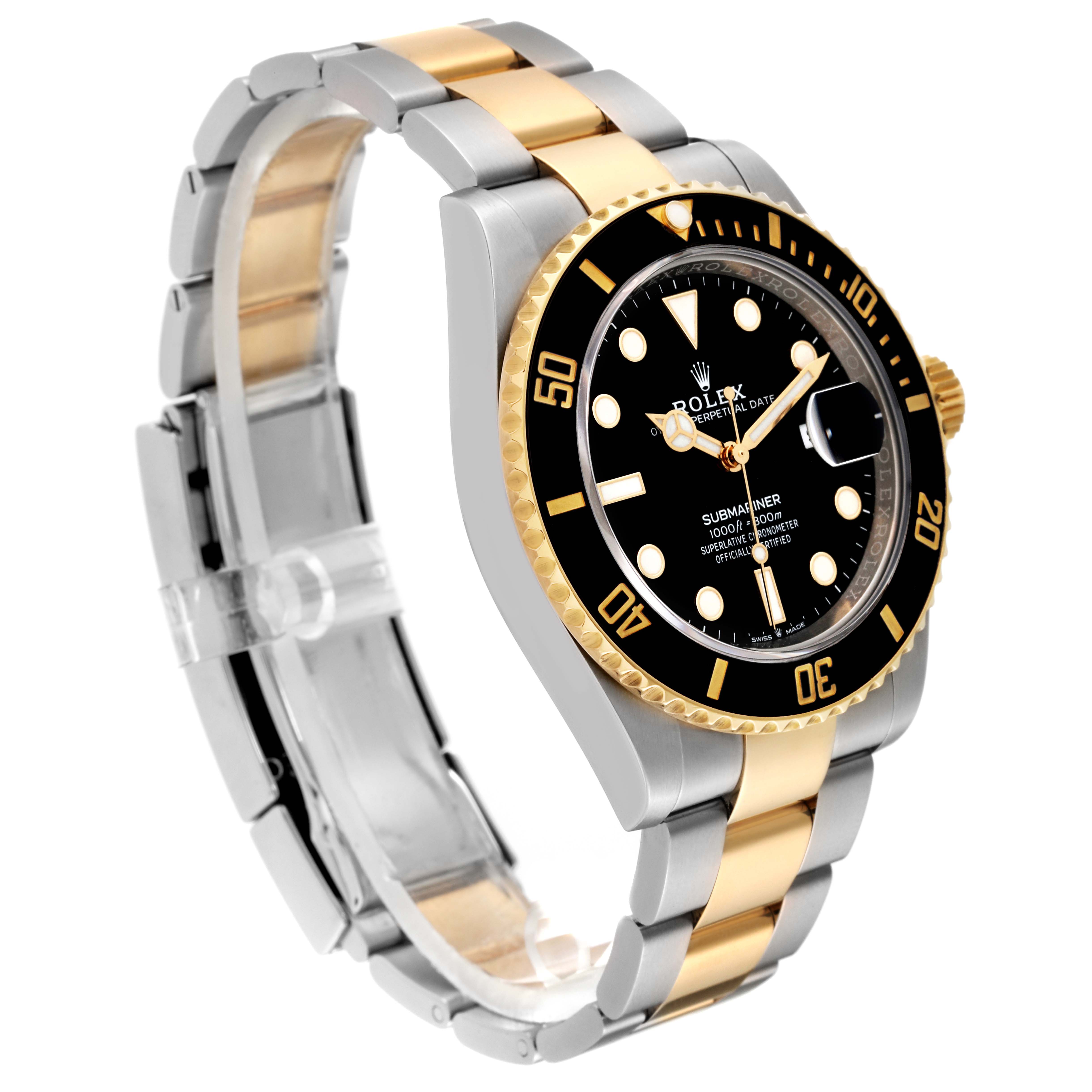 This Rolex Submariner 126613LN Men's Steel and Gold (two tone) Black Dial 126613LN Men's Steel and Gold (two tone) Black Dial watch is shown at a 3/4 angle, highlighting its black dial, bezel, and two-tone metal bracelet.