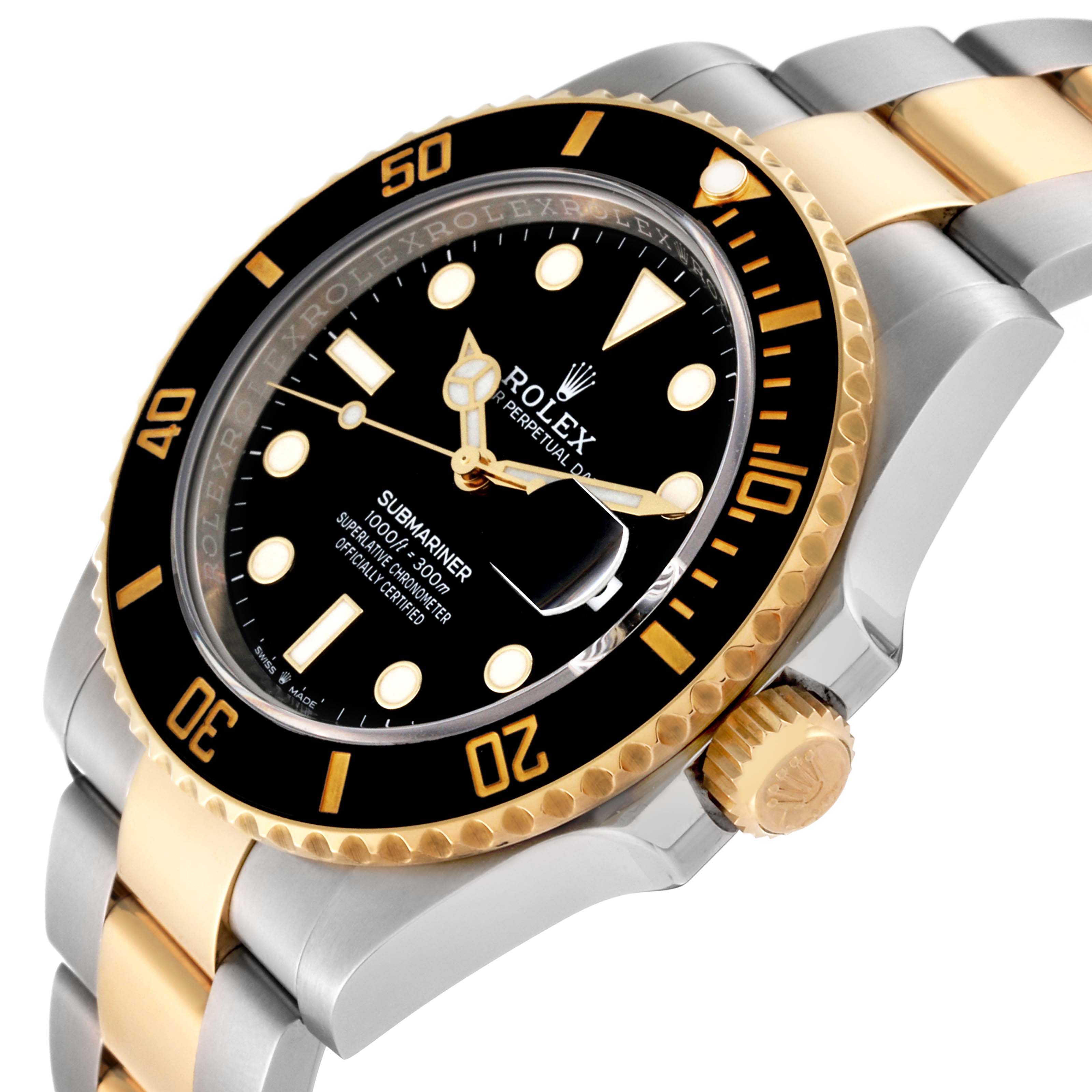 This image shows a close-up angle of a Rolex Submariner 126613LN Men's Steel and Gold (two tone) Black Dial 126613LN Men's Steel and Gold (two tone) Black Dial watch, highlighting its dial, bezel, and two-tone bracelet.