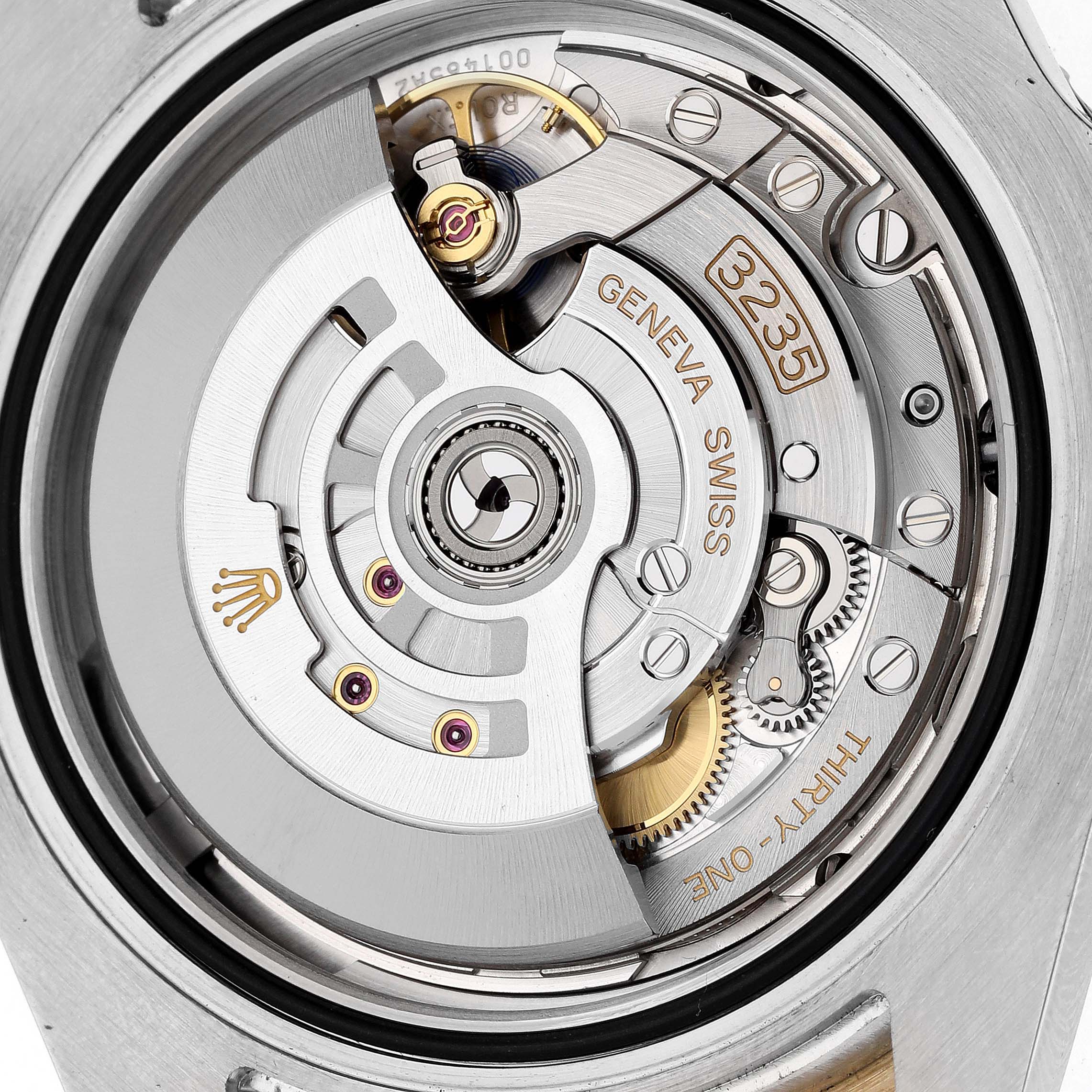 The image shows the movement and internal mechanism of a Rolex Submariner 126613LN Men's Steel and Gold (two tone) Black Dial 126613LN Men's Steel and Gold (two tone) Black Dial watch from a back angle.