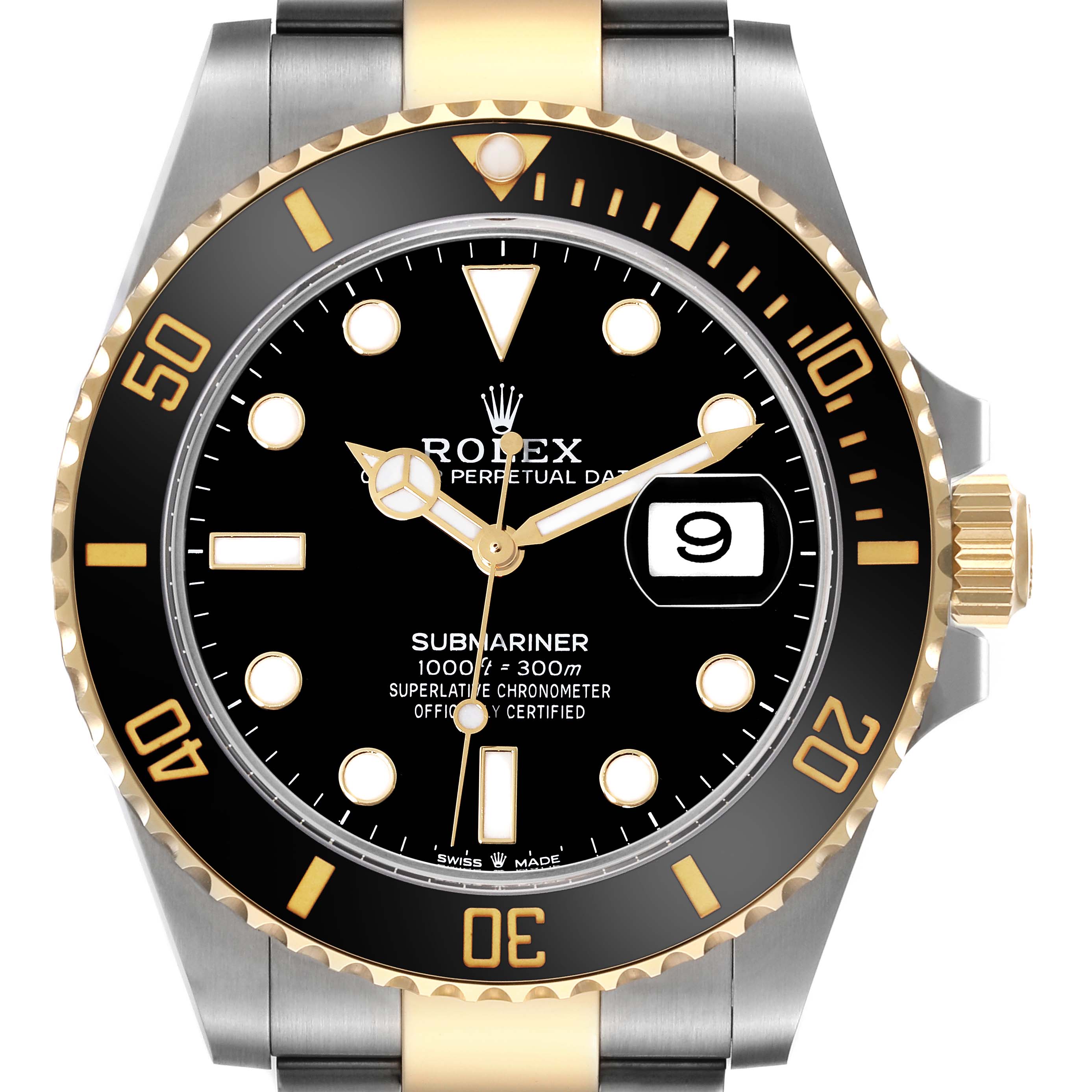 The image shows a frontal view of a Rolex Submariner 126613LN Men's Steel and Gold (two tone) Black Dial 126613LN Men's Steel and Gold (two tone) Black Dial watch, highlighting its bezel, dial, hands, and date window.