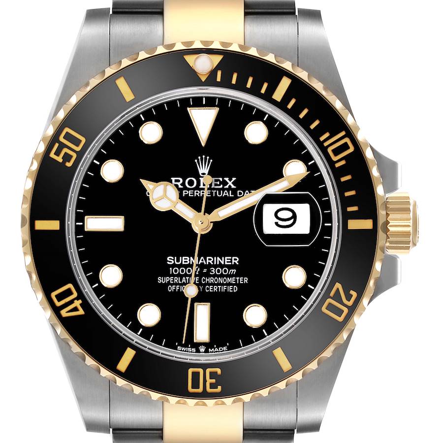 The image shows a frontal view of a Rolex Submariner watch, highlighting its bezel, dial, hands, and date window.