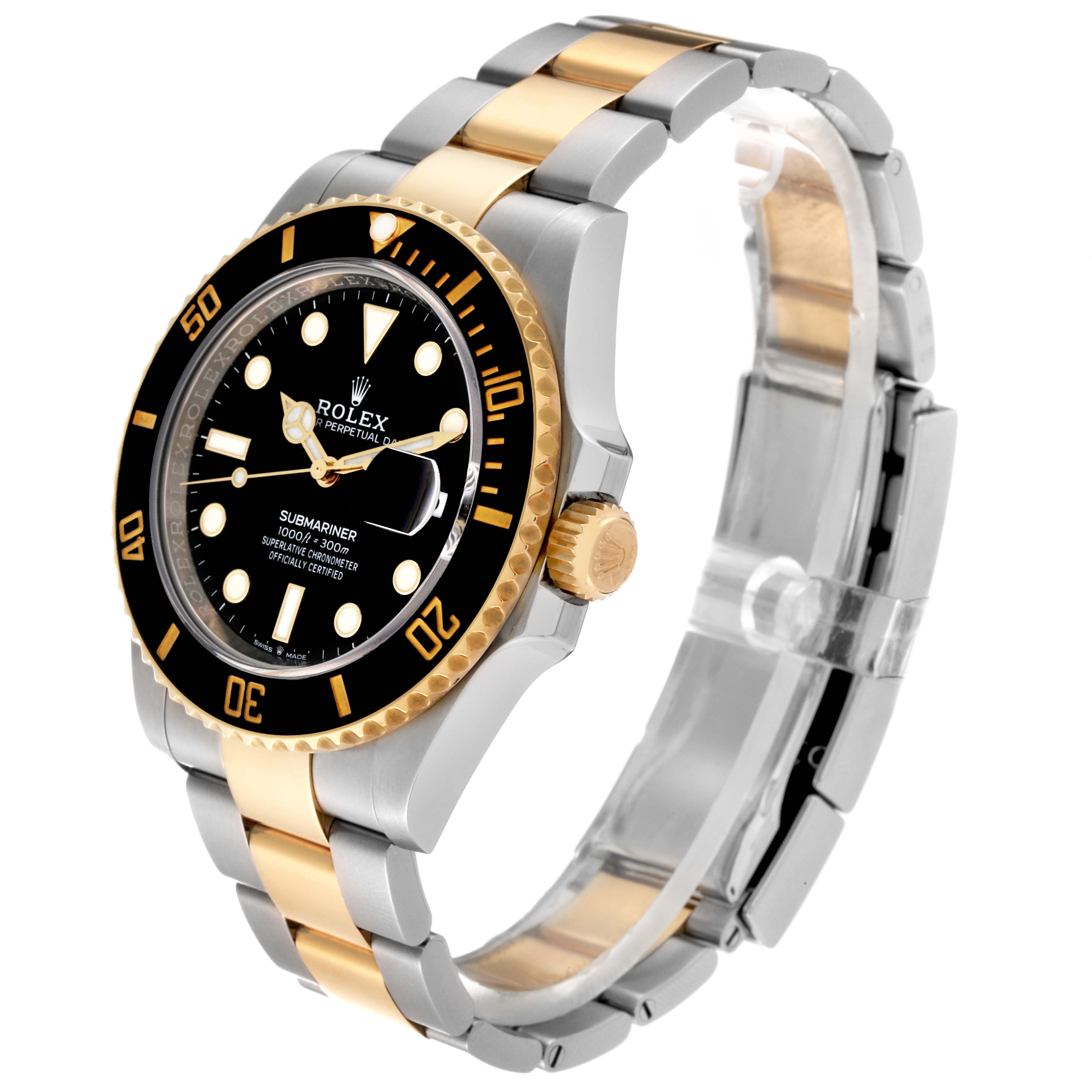 This image shows a Rolex Submariner 126613LN Men's Steel and Gold (two tone) Black Dial 126613LN Men's Steel and Gold (two tone) Black Dial watch at a slight angle, highlighting its black dial, gold bezel, and two-tone bracelet.