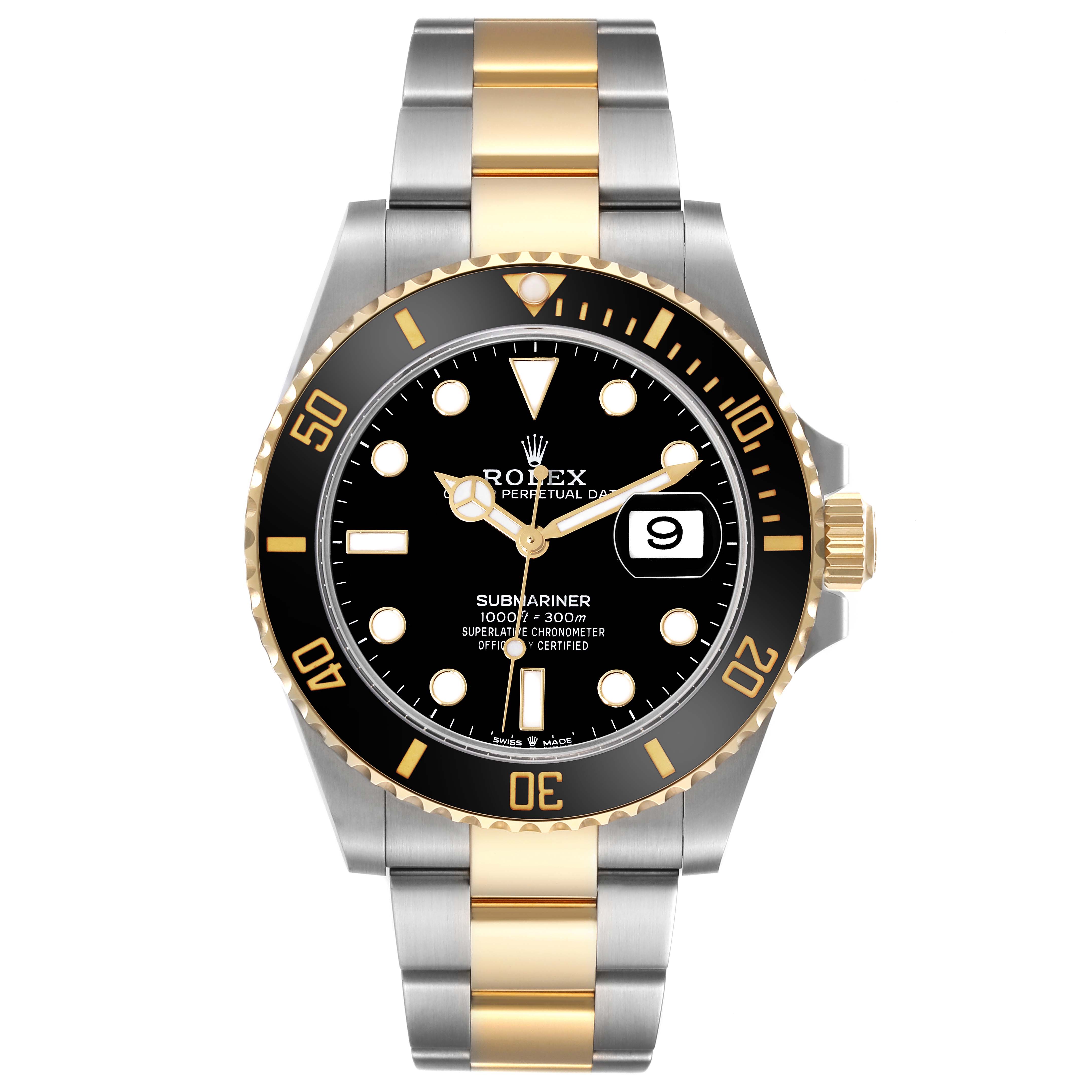 The Rolex Submariner 126613LN Men's Steel and Gold (two tone) Black Dial 126613LN Men's Steel and Gold (two tone) Black Dial watch is shown from a front angle, displaying its dial, bezel, case, and bracelet.