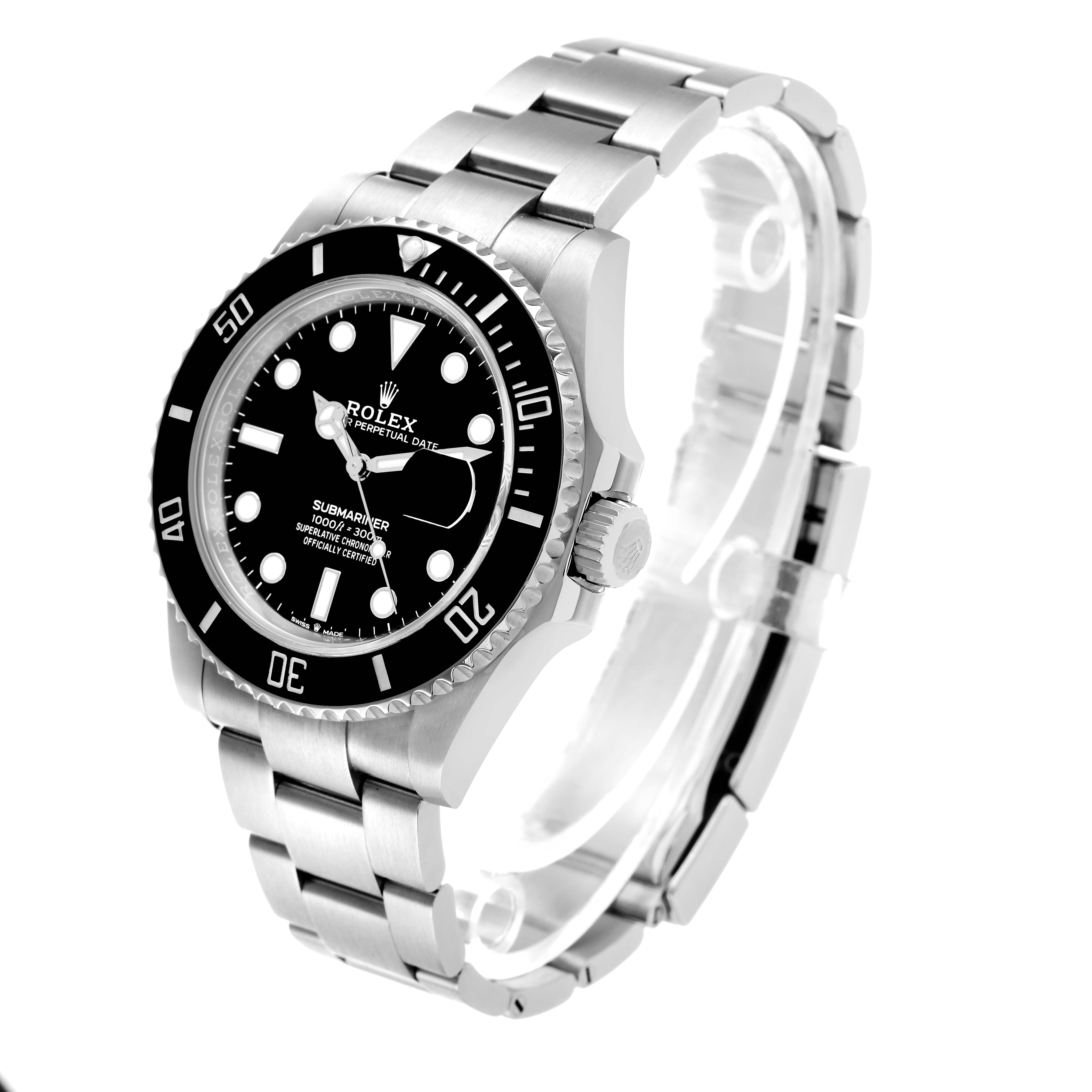 The Rolex Submariner 126610 Men's Stainless Steel Black Dial watch is shown at a three-quarter angle, displaying the face, bezel, crown, and bracelet.