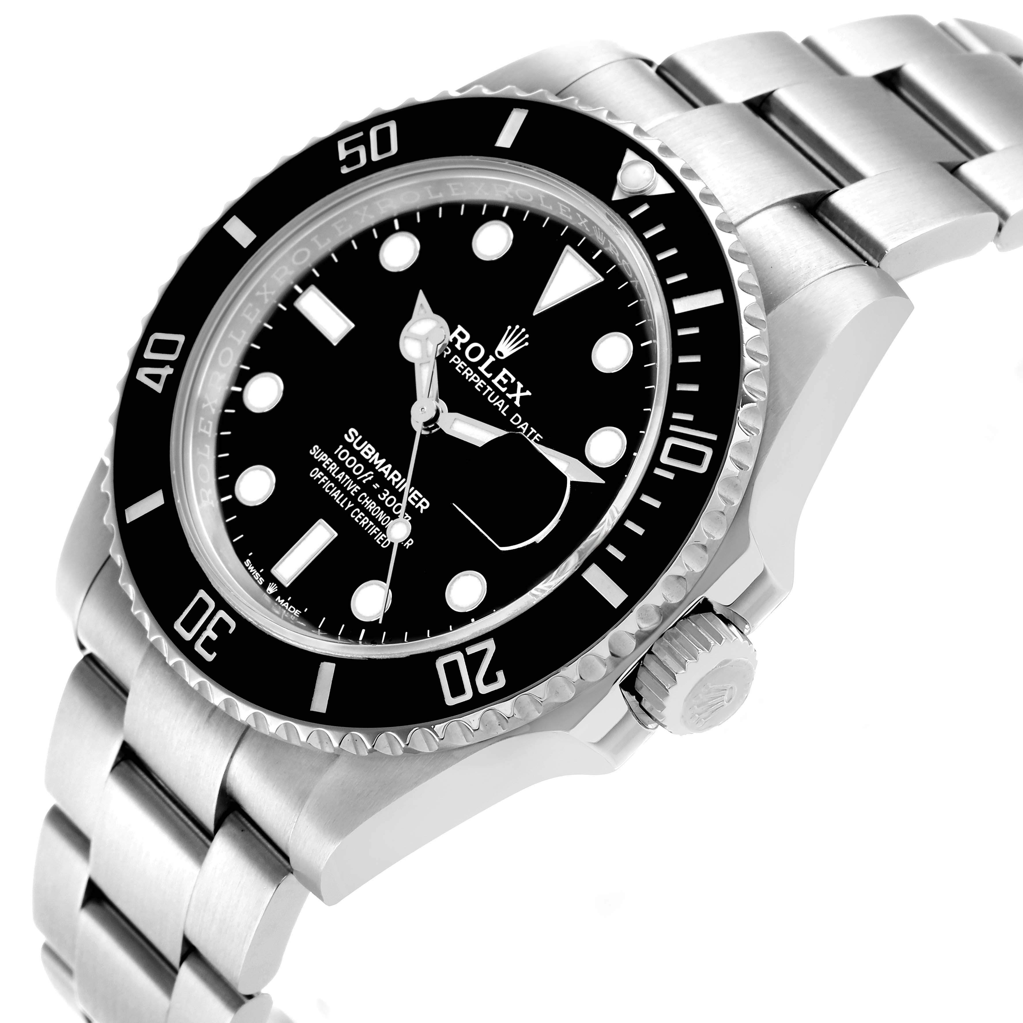 The Rolex Submariner 126610 Men's Stainless Steel Black Dial is shown at a three-quarter angle displaying the face, bezel, crown, and bracelet.